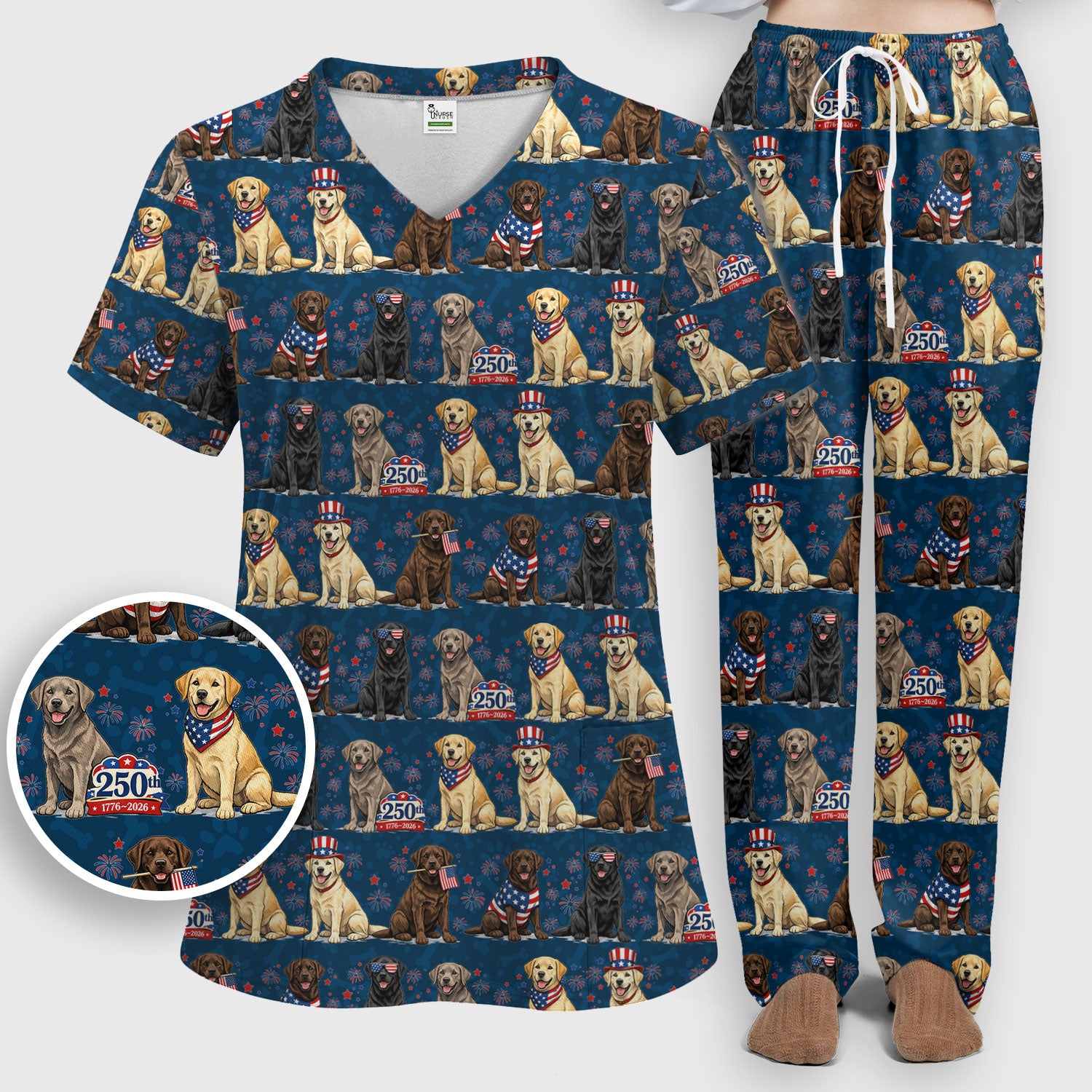 4th of July Labrador Dog Patriotic Print Scrub Set, Scrub Pants and V Neck Top