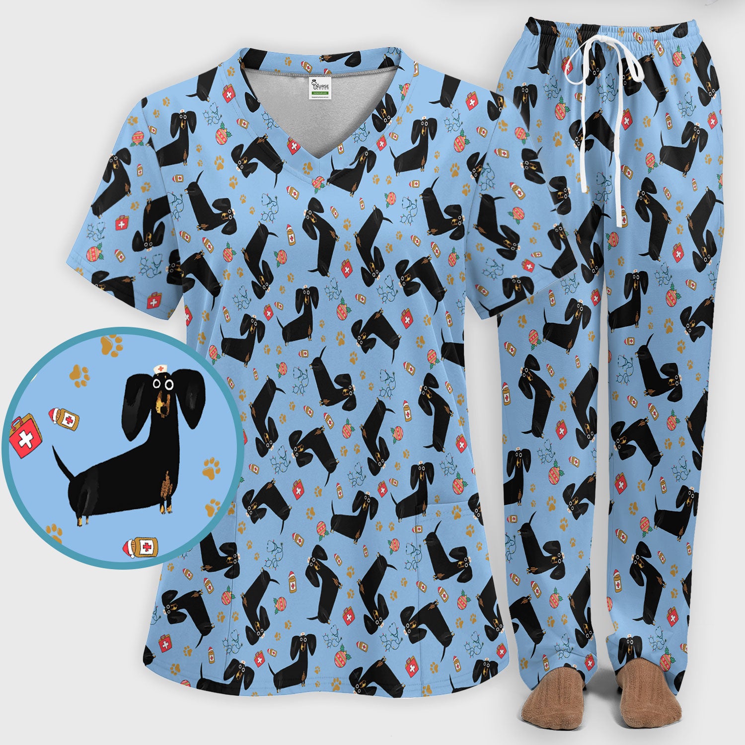 Funny Black Dachshund Scrub Set for Nurses - Cute Wiener Dog Scrubs Pants and V Neck Top - Puppy Lover Nursing Gift for Women