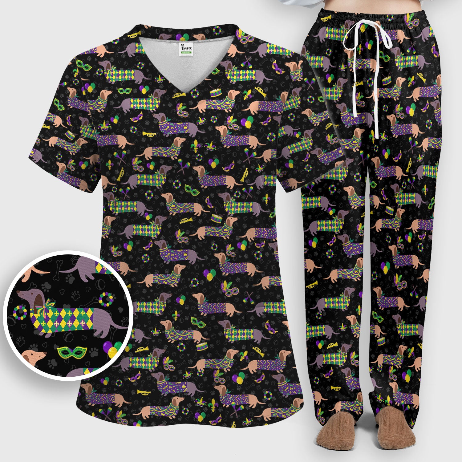 Mardi Gras Dachshund Nurse Scrub Set, Wiener Dog Holiday Pattern Nurses Shirt, Comfortable Uniform Scrubs For Nursing