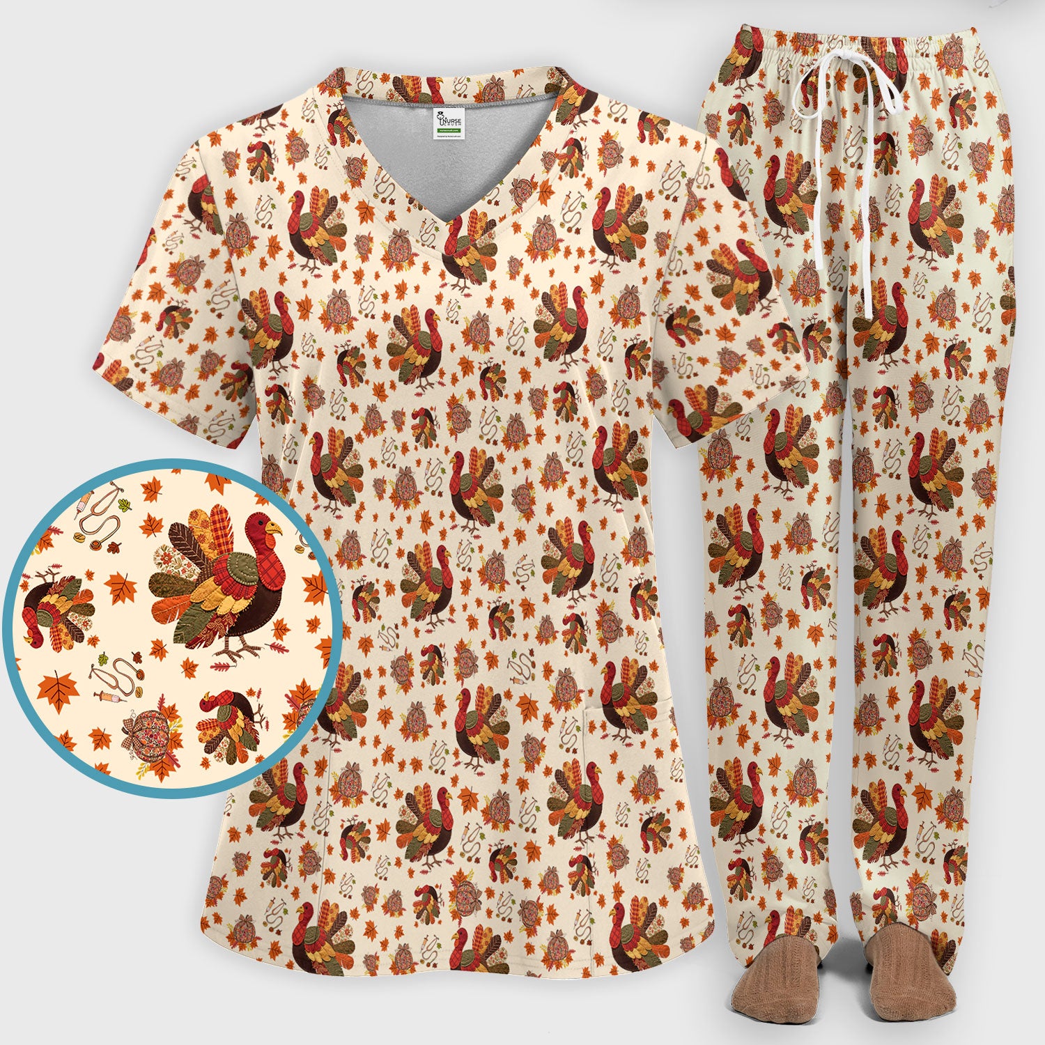 Fall Leaves Thanksgiving Women's Scrub Set - Comfortable Scrub Pants and V Neck Top - Funny Turkey Nursing Uniform