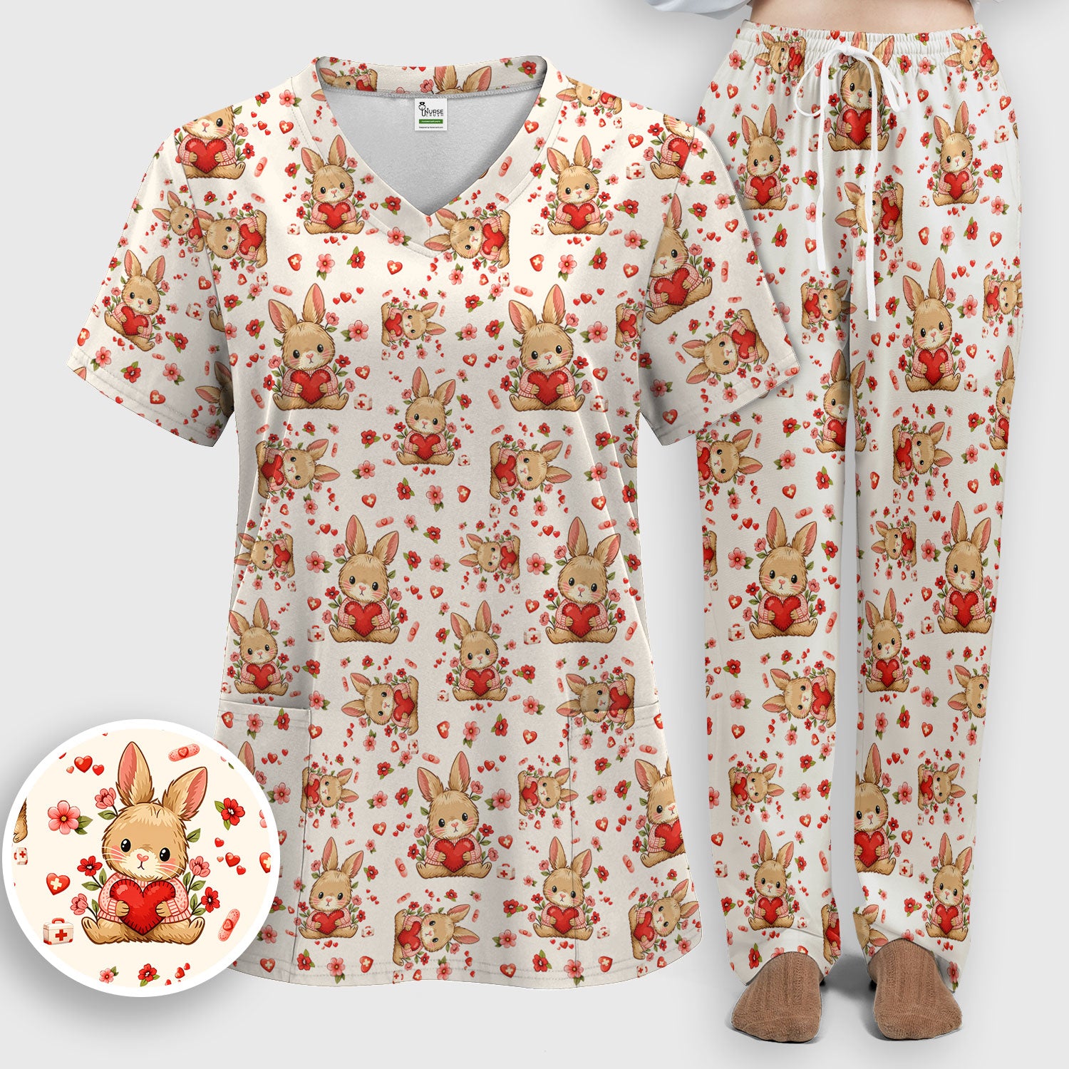 Adorable Bunny Heart Healthcare Design Scrub, Breathable Med Uniform