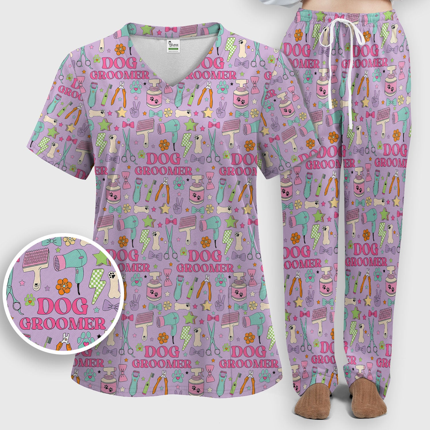 Dog Groomer Tools Pattern Women's Scrub Set, Scrub Pants and V Neck Top