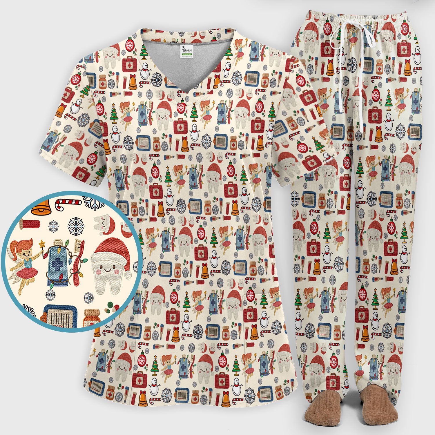 Christmas Dental Scrub Set - Cute Santa Tooth & Snowman Scrubs Pants and V Neck Top - Funny Holiday Gift for Dentists, Hygienists