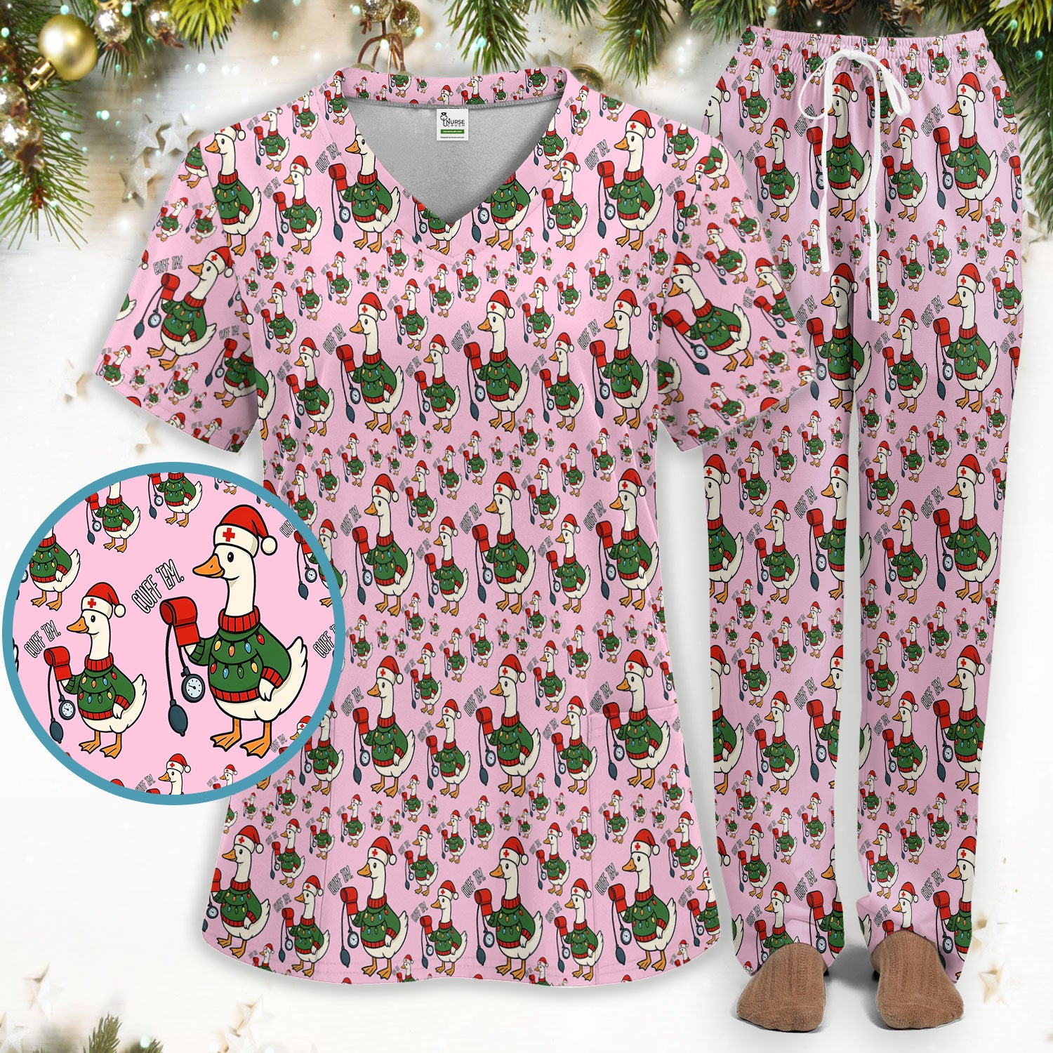 Nurse Christmas Duck Scrub Set, Cute Goose Pattern Scrub Uniform, RN LPN CNA Nursing Uniform