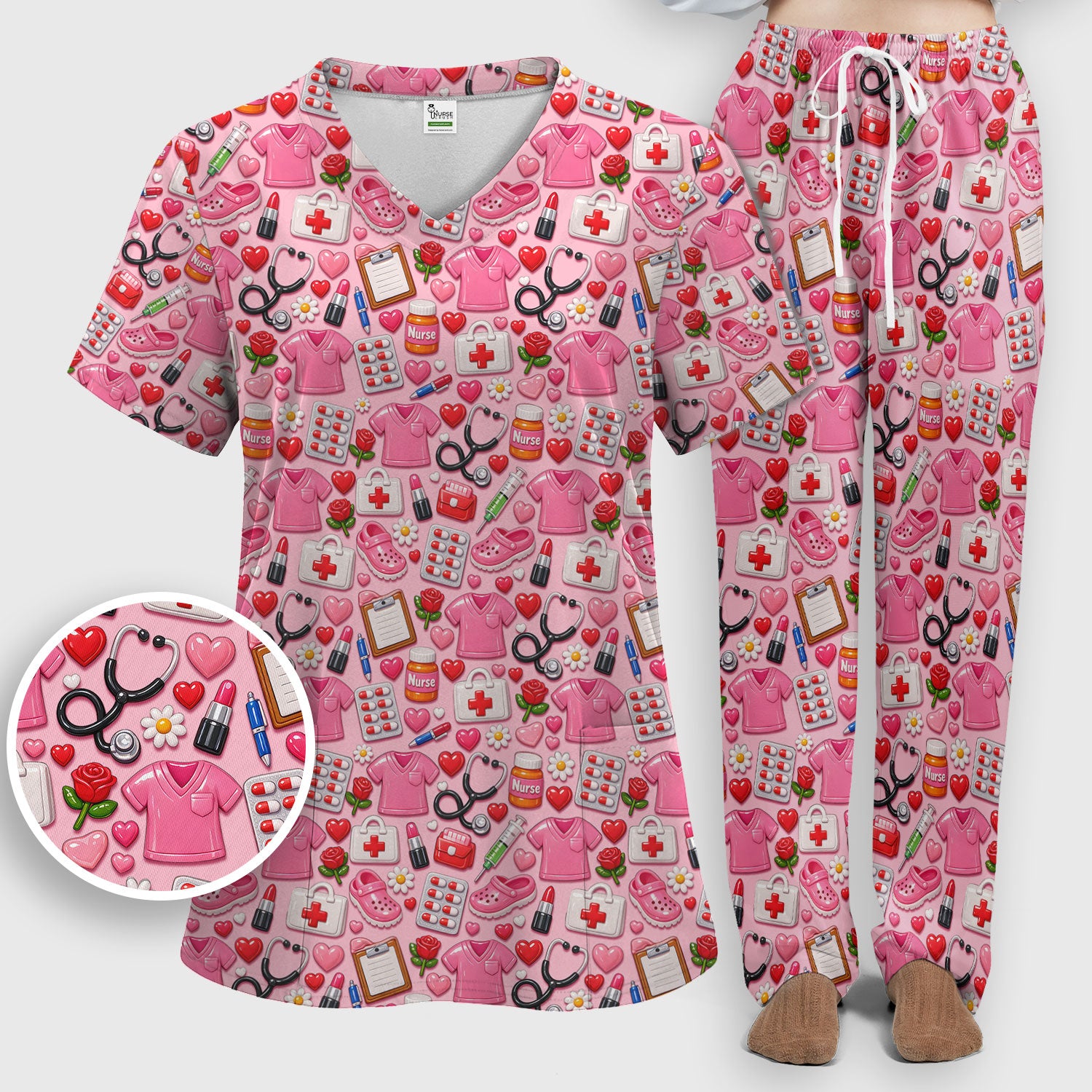 Medical Icons Scrub Set, Cute Pattern Nurse Shirt, Breathable Fabrics Nursing Uniform