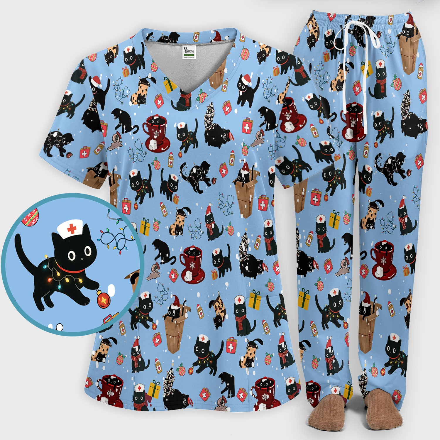 Funny Cat Scrub Sets for Women - Christmas Black Cats Pants and V Neck Top - Breathable Fabrics Nursing Uniform