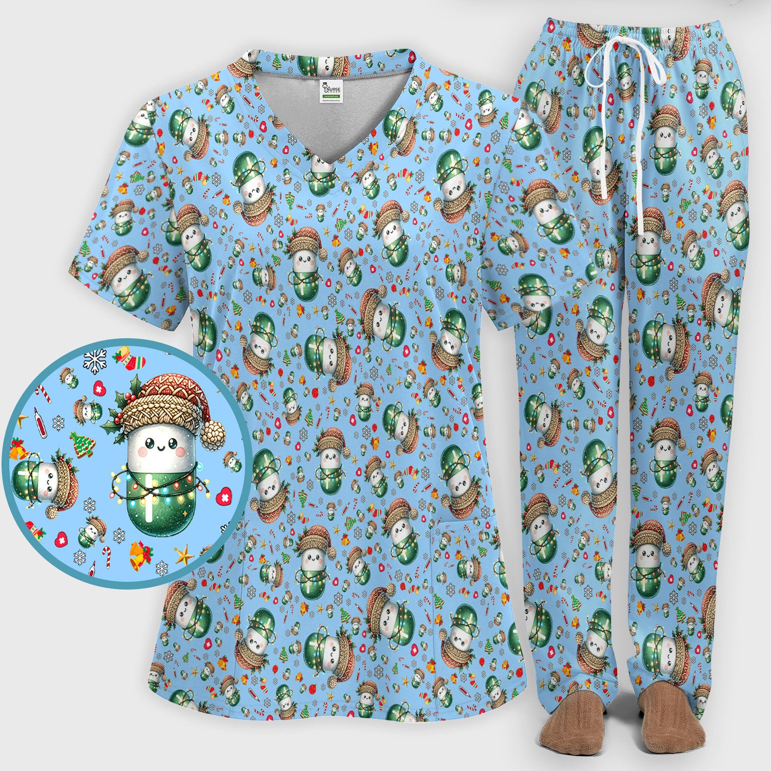 Pharmacy Tech Christmas Scrub Set – Cute Green Snowman Print Nurse Outfit – Funny Holiday Medical Uniform for Pharmacists