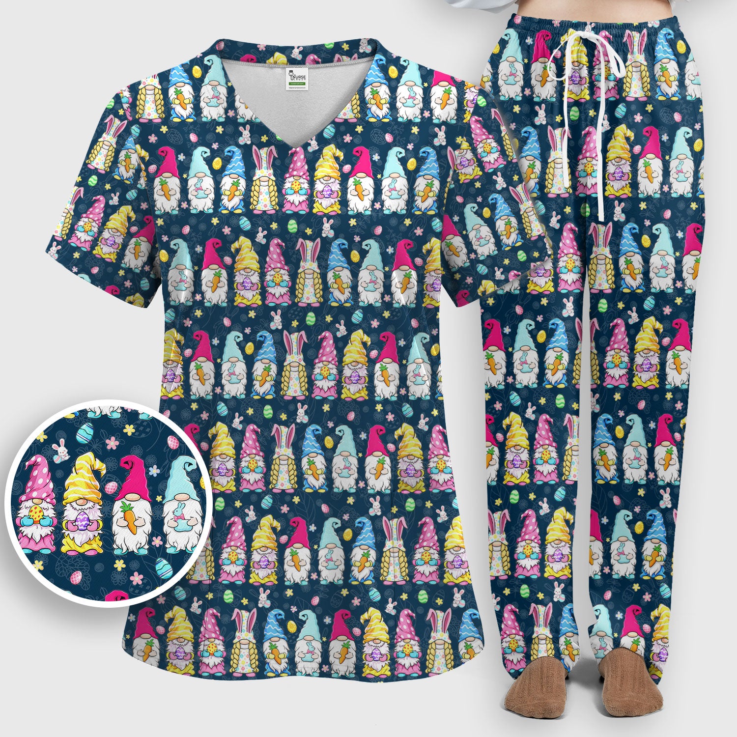 Colorful Easter Gnome Bunny Eggs Pattern Scrub Set, Women's Scrub Sets