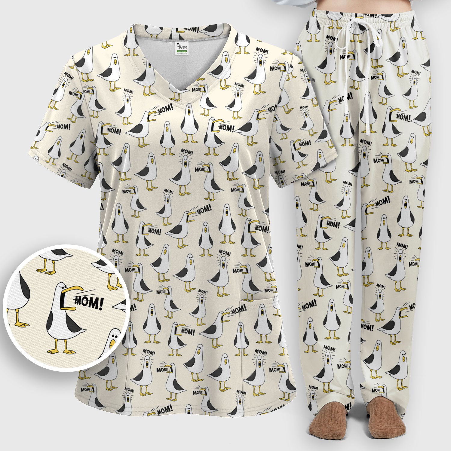 Funny Seagull Mom Seamless Pattern Scrub Set, Scrub Pants and V Neck Top