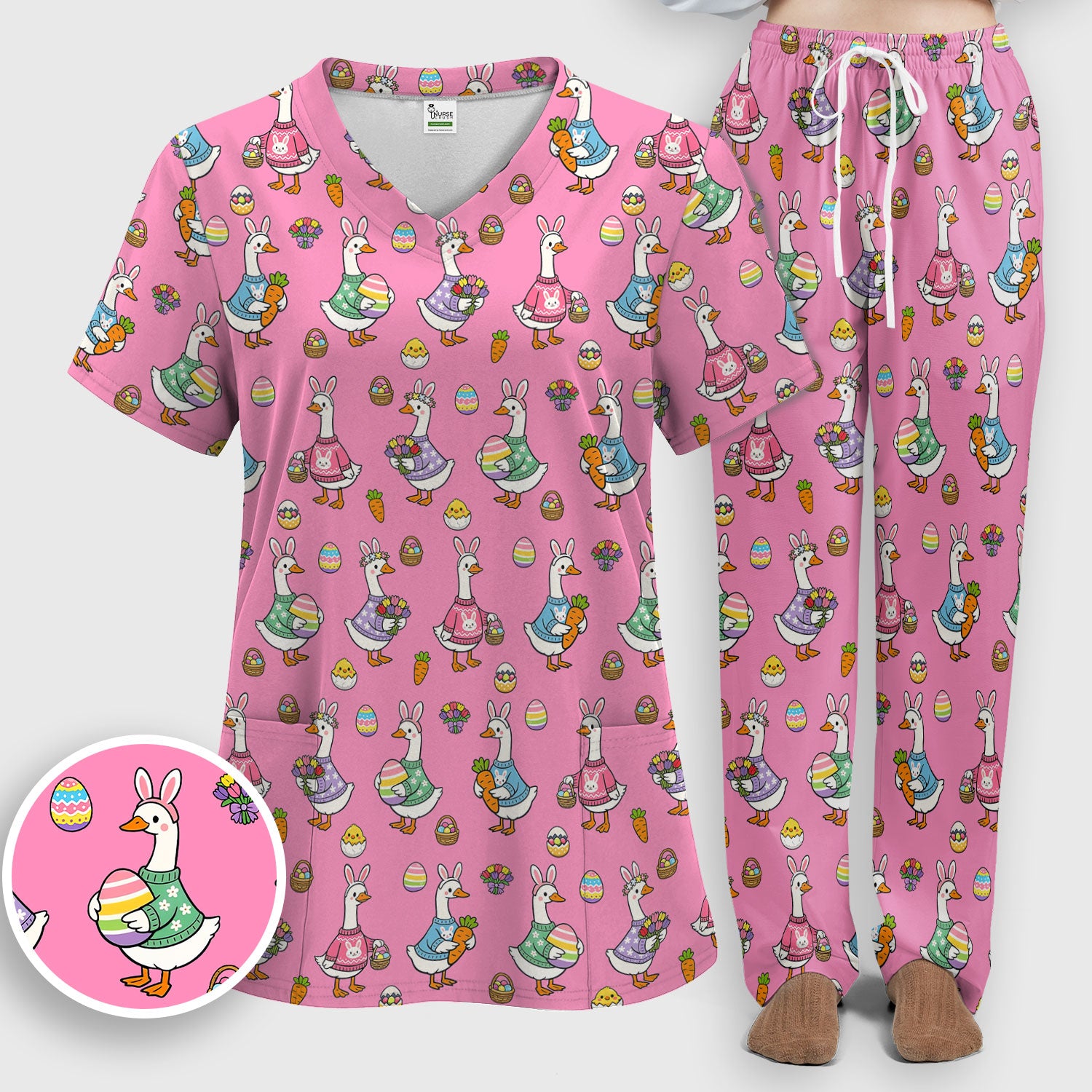 Cute Easter Goose Print Scrub Set, Breathable Med Uniform
