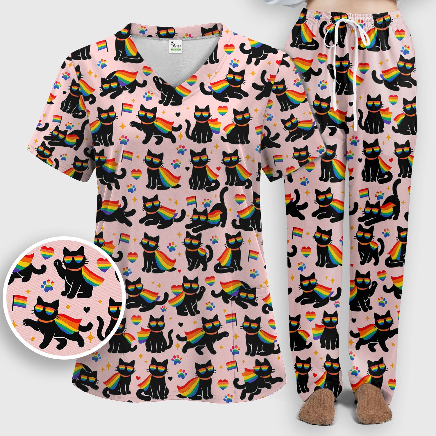 Rainbow Black Cat Pride Pattern Scrub Set, Breathable Med Uniform