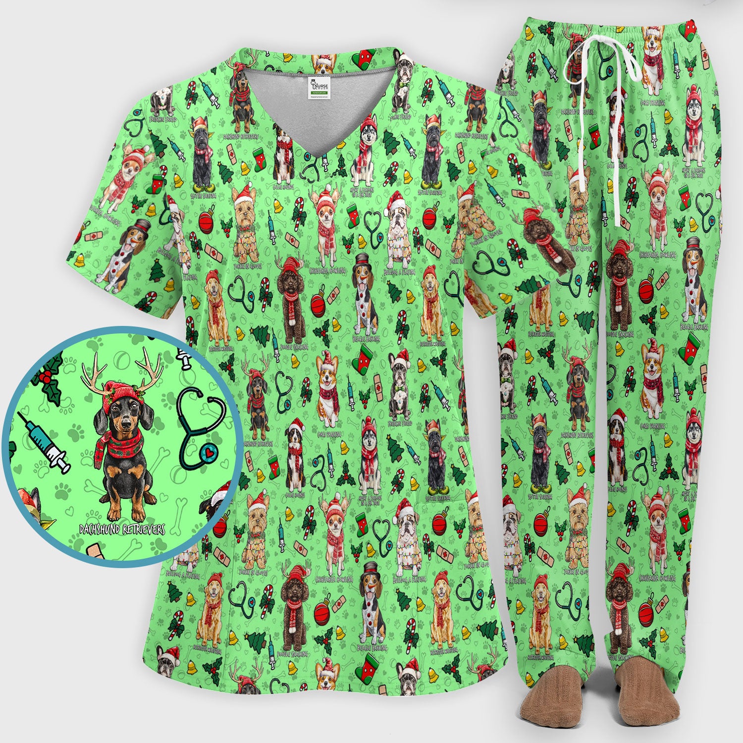 Cute Christmas Dog Scrubs Sets for Nurses - Corgi, Dachshund, Husky, Poodle & Labrador - Funny Holiday Medical Uniform for RN CNA LPN