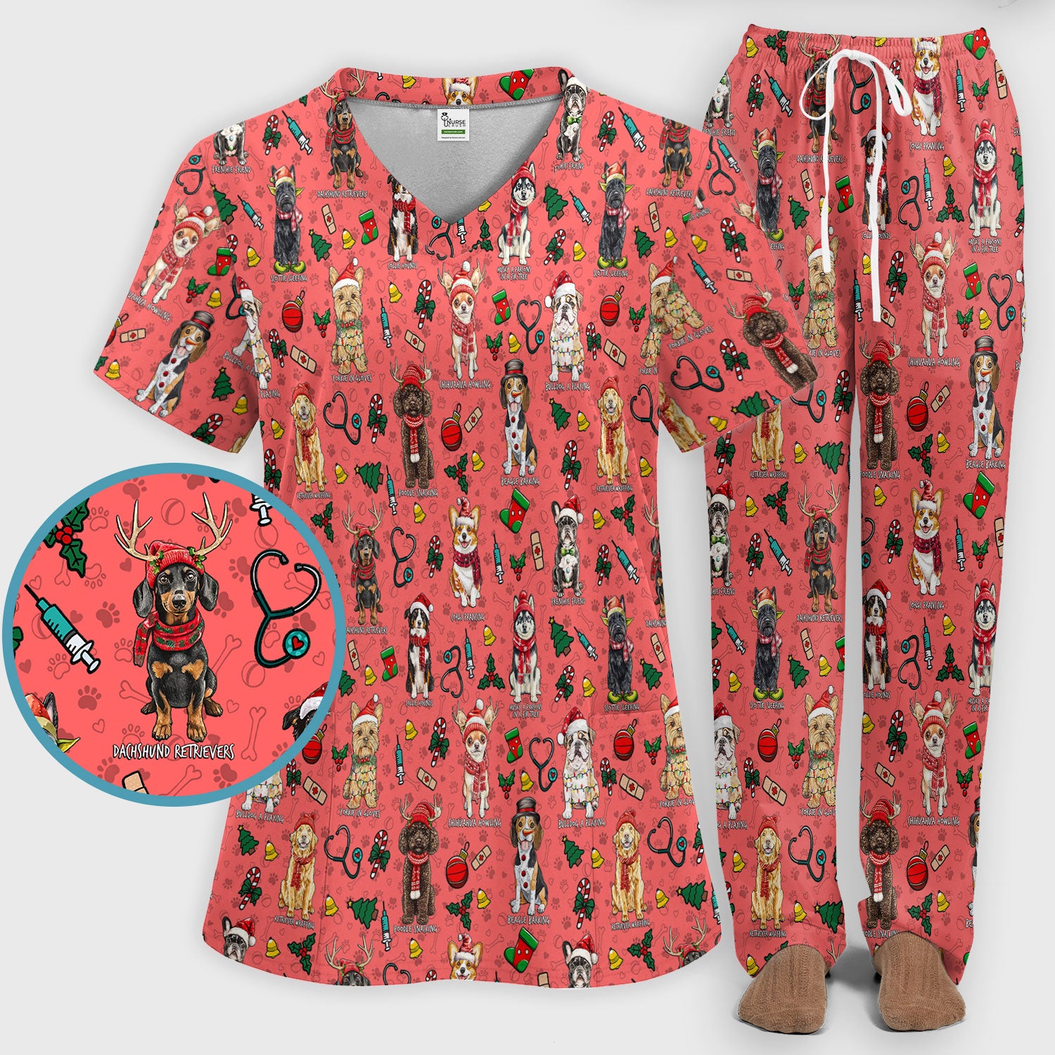 Cute Christmas Dog Scrubs Sets for Nurses - Corgi, Dachshund, Husky, Poodle & Labrador - Funny Holiday Medical Uniform for RN CNA LPN