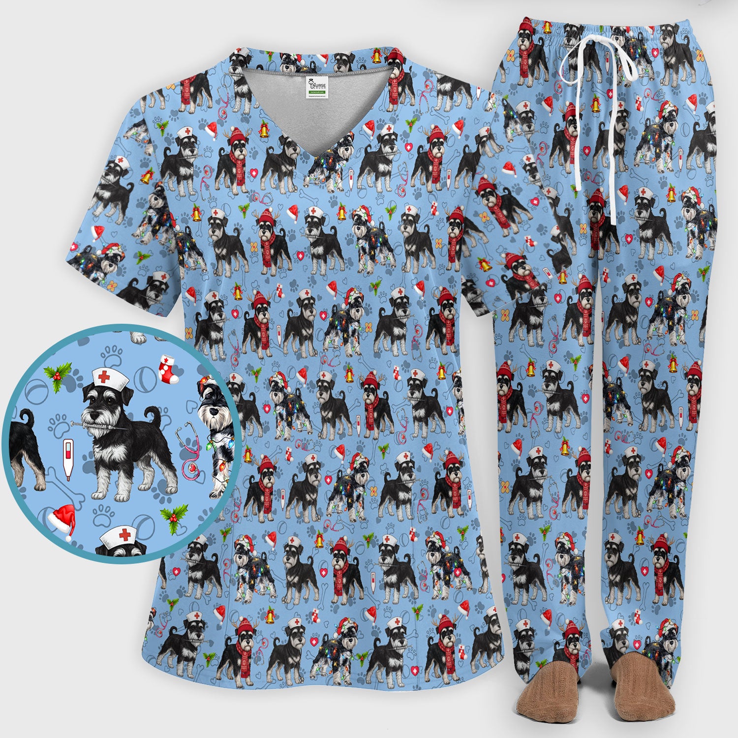 Christmas Schnauzer Scrub Set for Nurses - Cute Dog Holiday Scrubs Pants and V Neck Top - Funny Santa Nursing Medical Shirt for Women