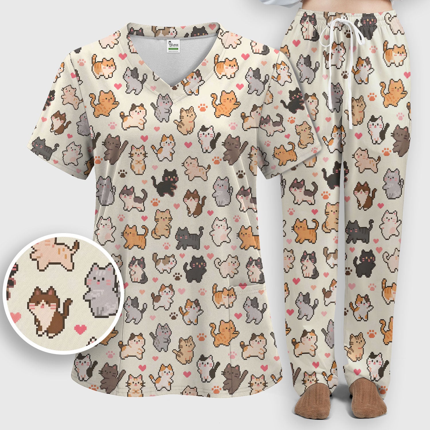 Cute Pixel Cat Heart Paw Pattern Scrub Set, Women's Scrub Sets