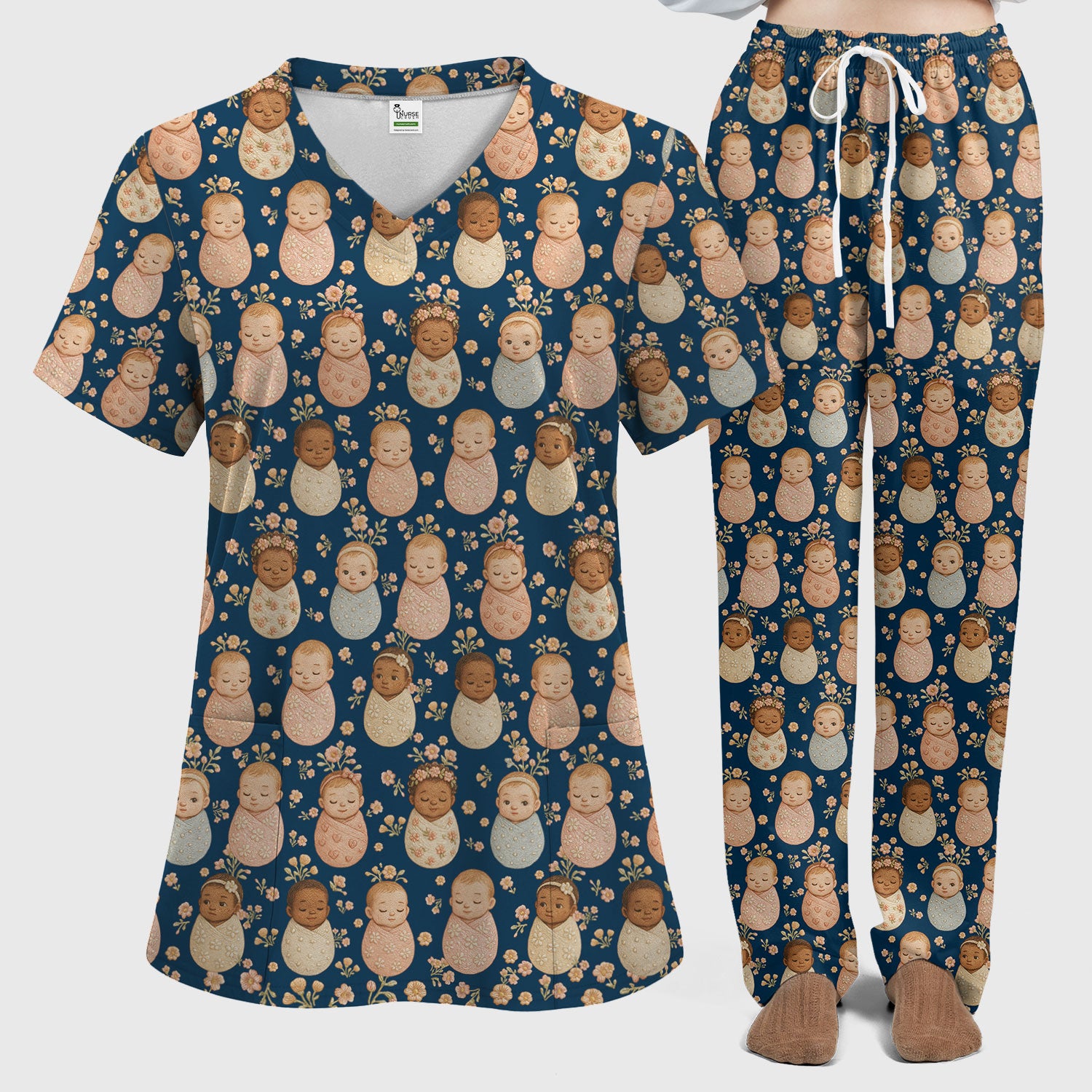 Sweet Newborn Baby Floral Print Women's Scrub Set, Breathable Med Uniform