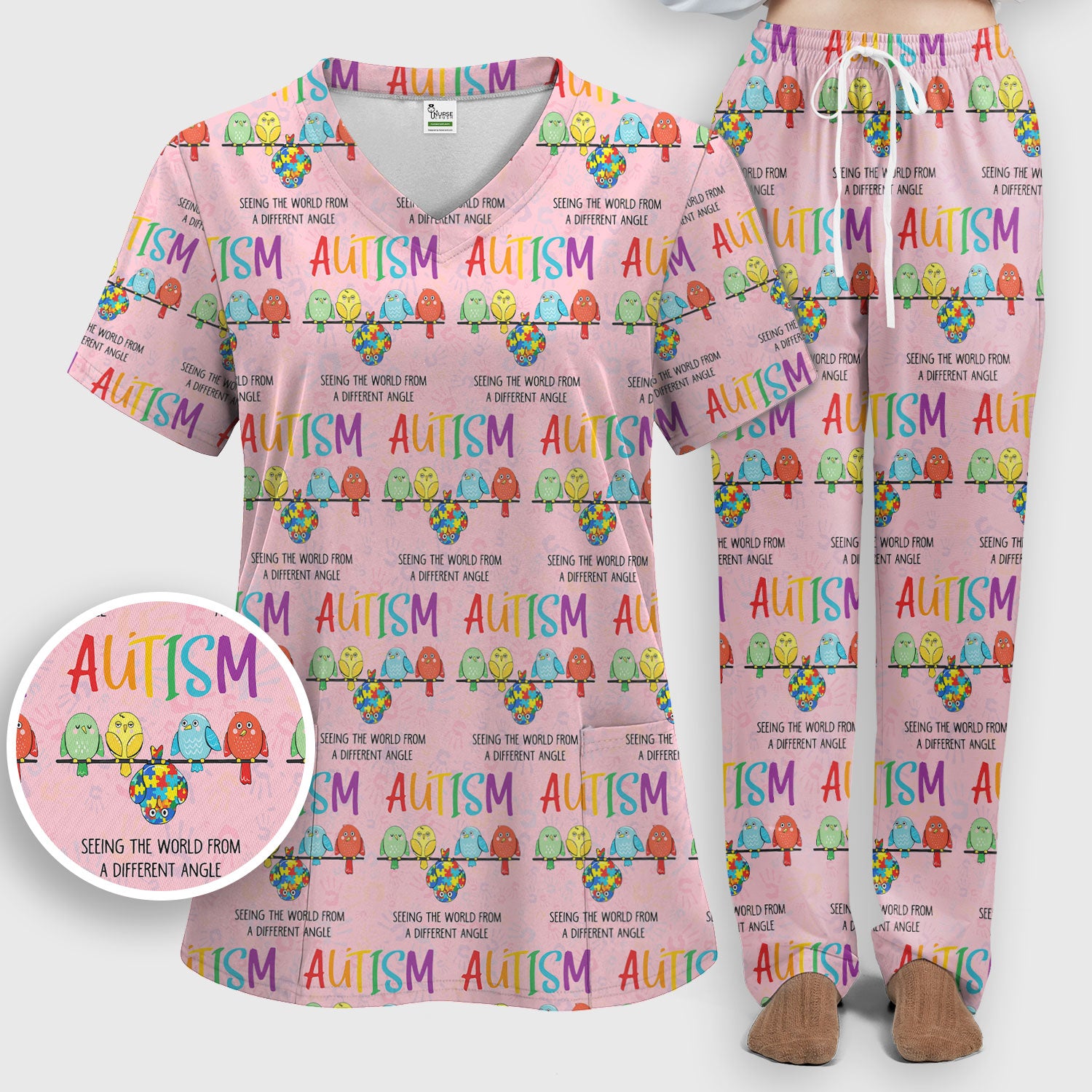 Autism Seeing The World From A Different Angle Birds Scrub Set, Breathable Med Uniform