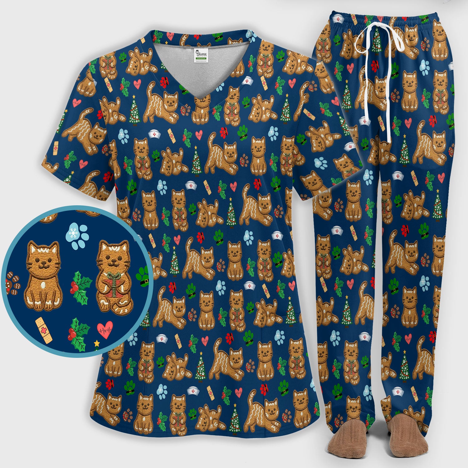Gingerbread Cat Christmas Scrub Set, Cute Holiday Kitty Medical Uniform Shirt For Nursing, Festive Nurse Pattern