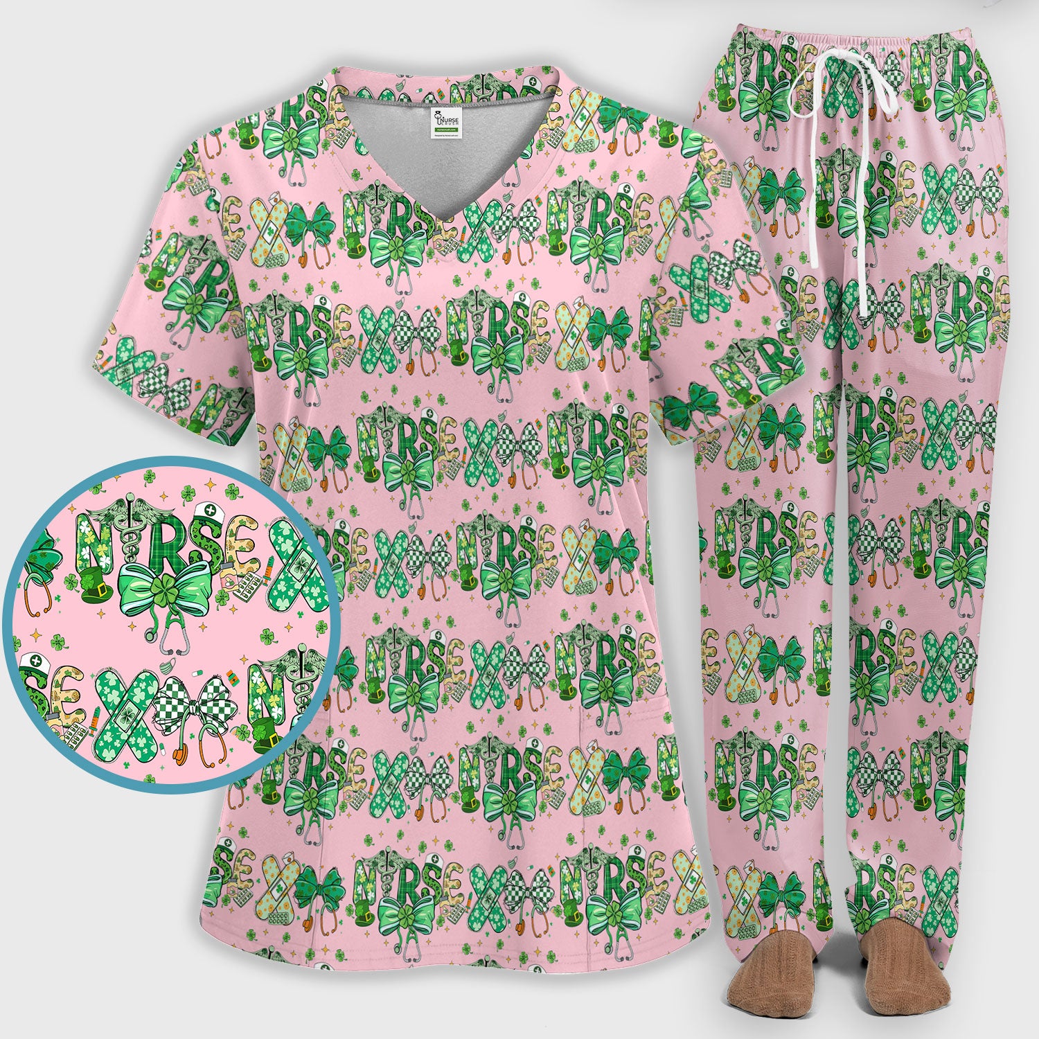 St. Patrick’s Nurse Scrub Set, Lucky Clover And Green Bow Pattern Nurse Shirt, Breathable Fabrics Nursing Uniform