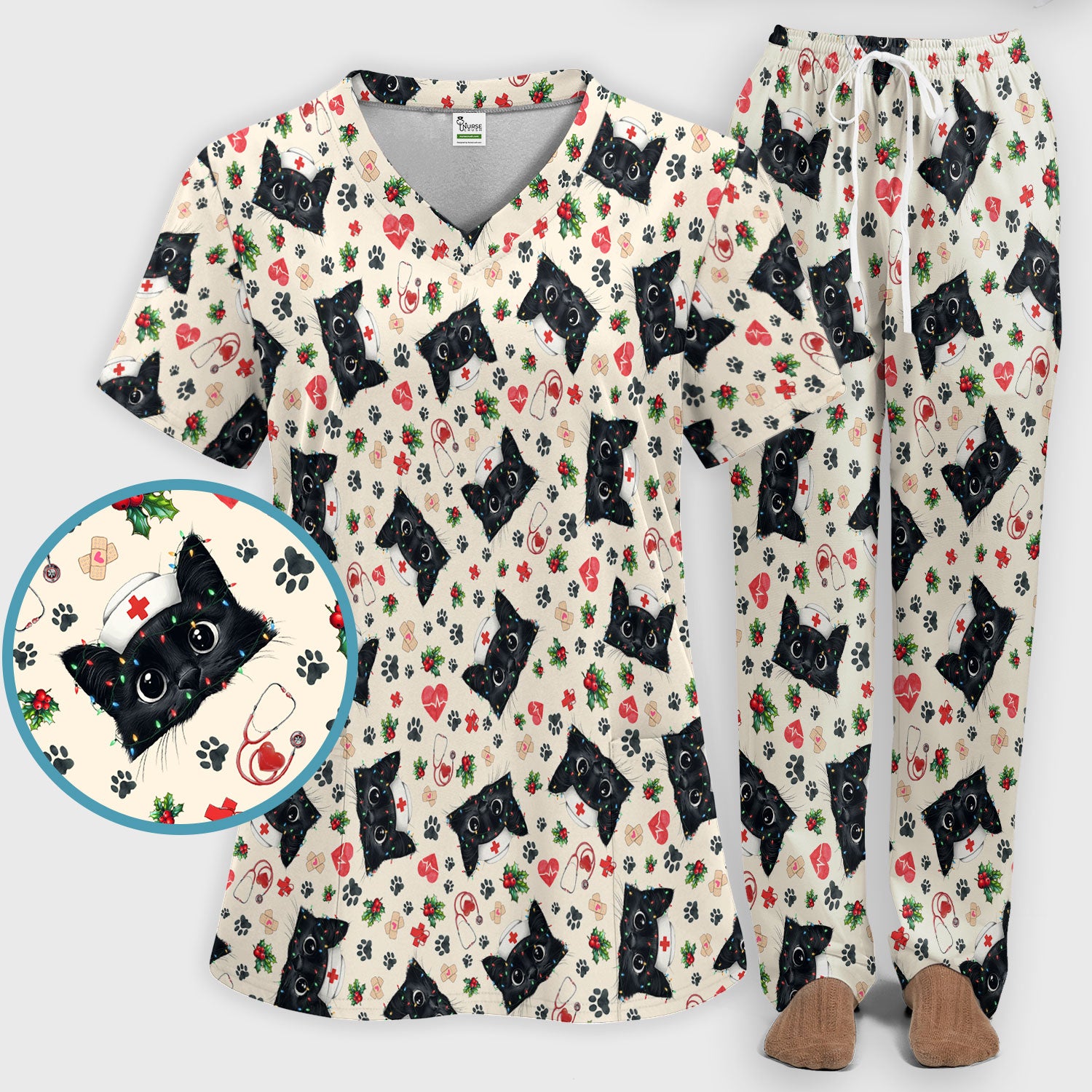 Funny Cats Scrub Set for Nurses - Black Kittens Christmas Scrubs Pants and V Neck Top - Jolly Medical Uniform Gift for RN CNA LPN
