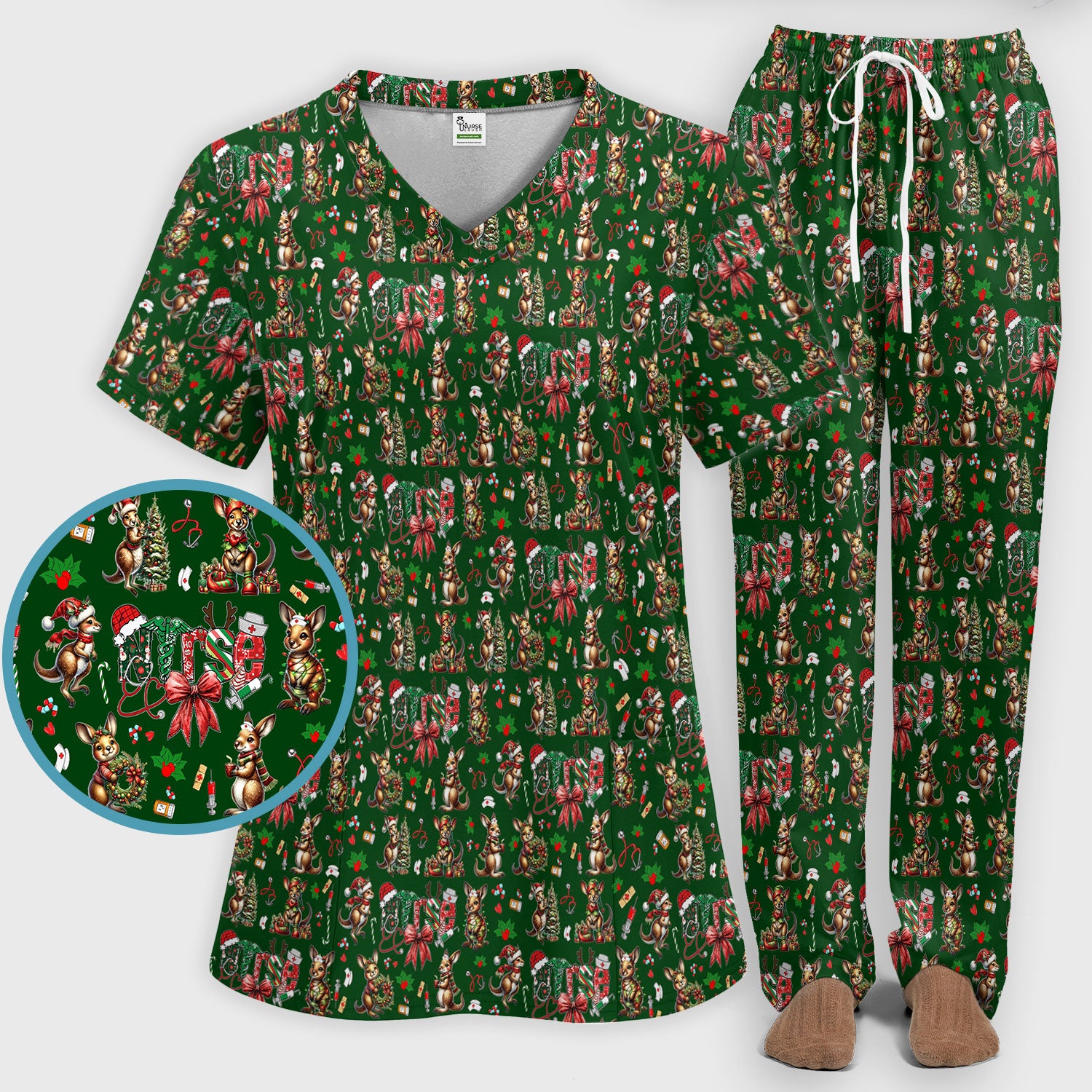 Whimsical Kangaroo Christmas Scrub Set – Festive Australian Animals Holiday Pattern – Cute Medical Uniform for Nurses, Vets & Healthcare Workers