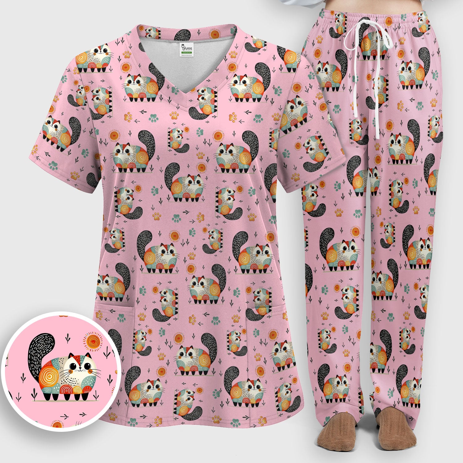 Playful Cat Illustration Women's Scrub Set, Breathable Med Uniform