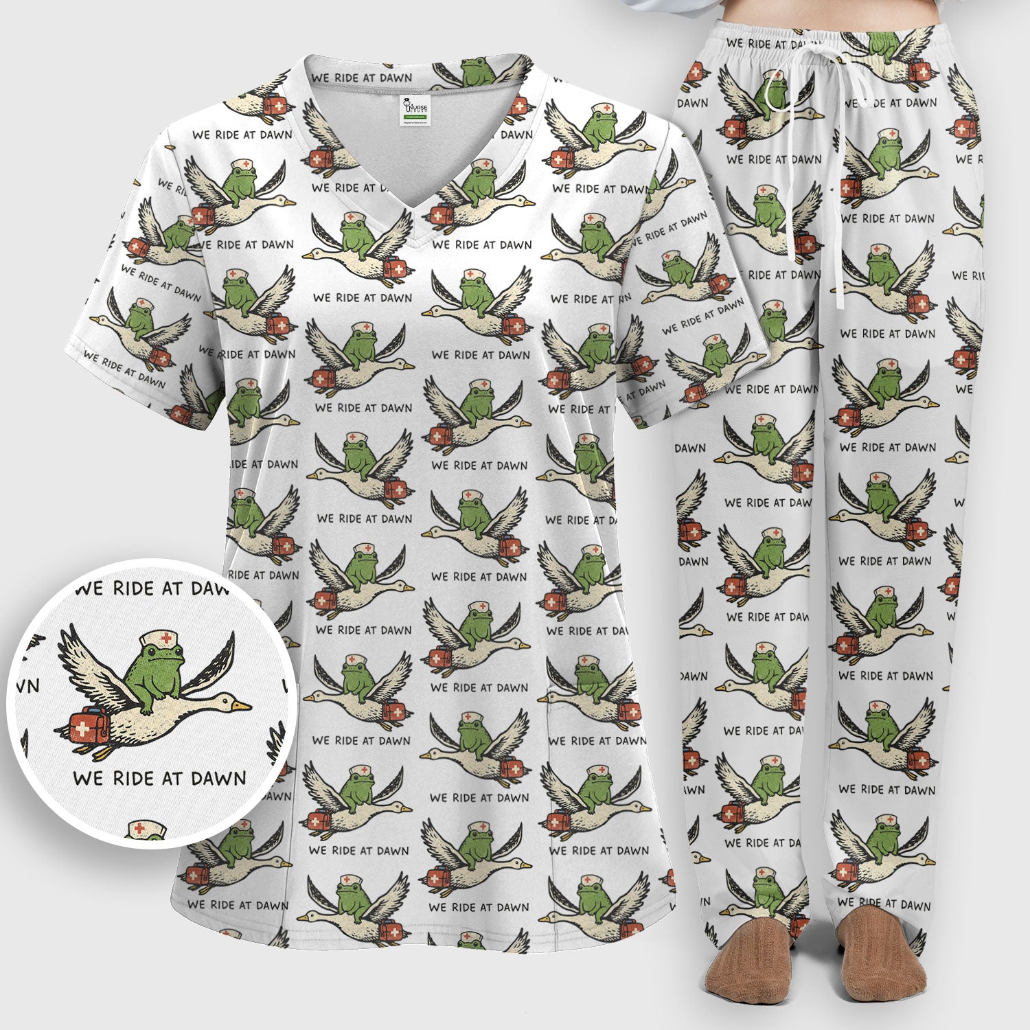 Funny Frog Riding Goose Nurse Pattern Scrub Set, Nurse Uniform Scrubs Set
