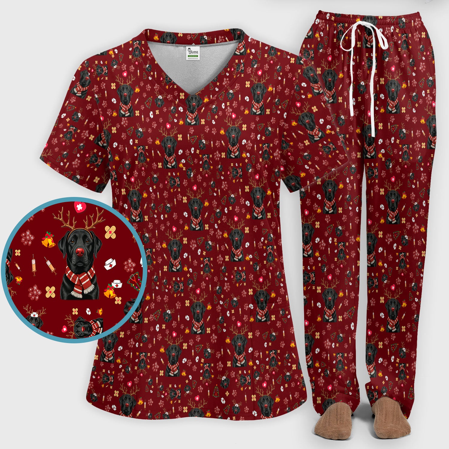Funny Black Lab Reindeer Scrub Set - Christmas Dog Nurse Pants and V Neck Top - Cute Holiday Medical Uniform