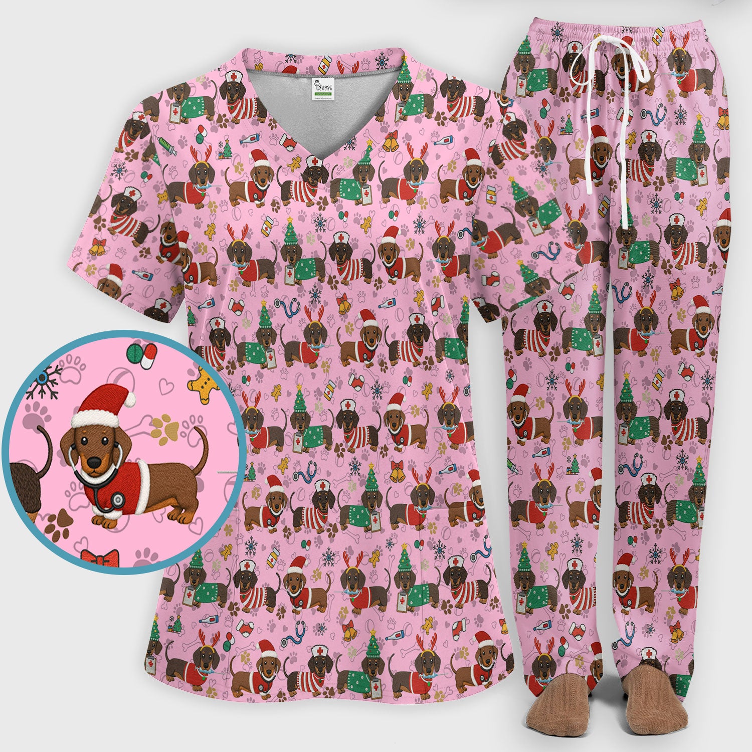Christmas Dachshund Scrub Set for Nurses - Cute Wiener Dog Scrubs Pants and V Neck Top - Cute Puppy Med Uniform Gift for Women
