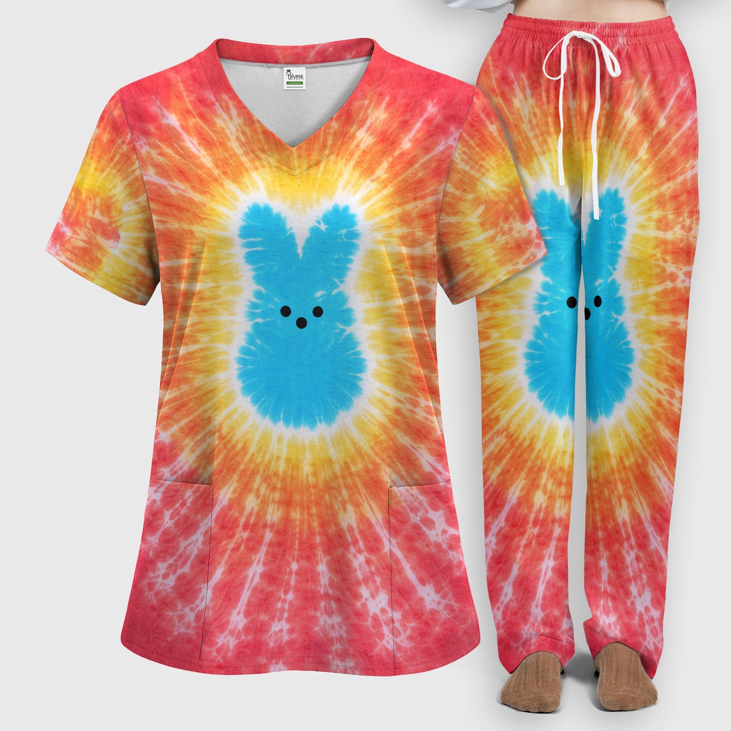 Easter Peep Tie Dye Scrub Set, Easter Bunny Nurse Shirt For Women, Breathable Fabrics Nursing Uniform