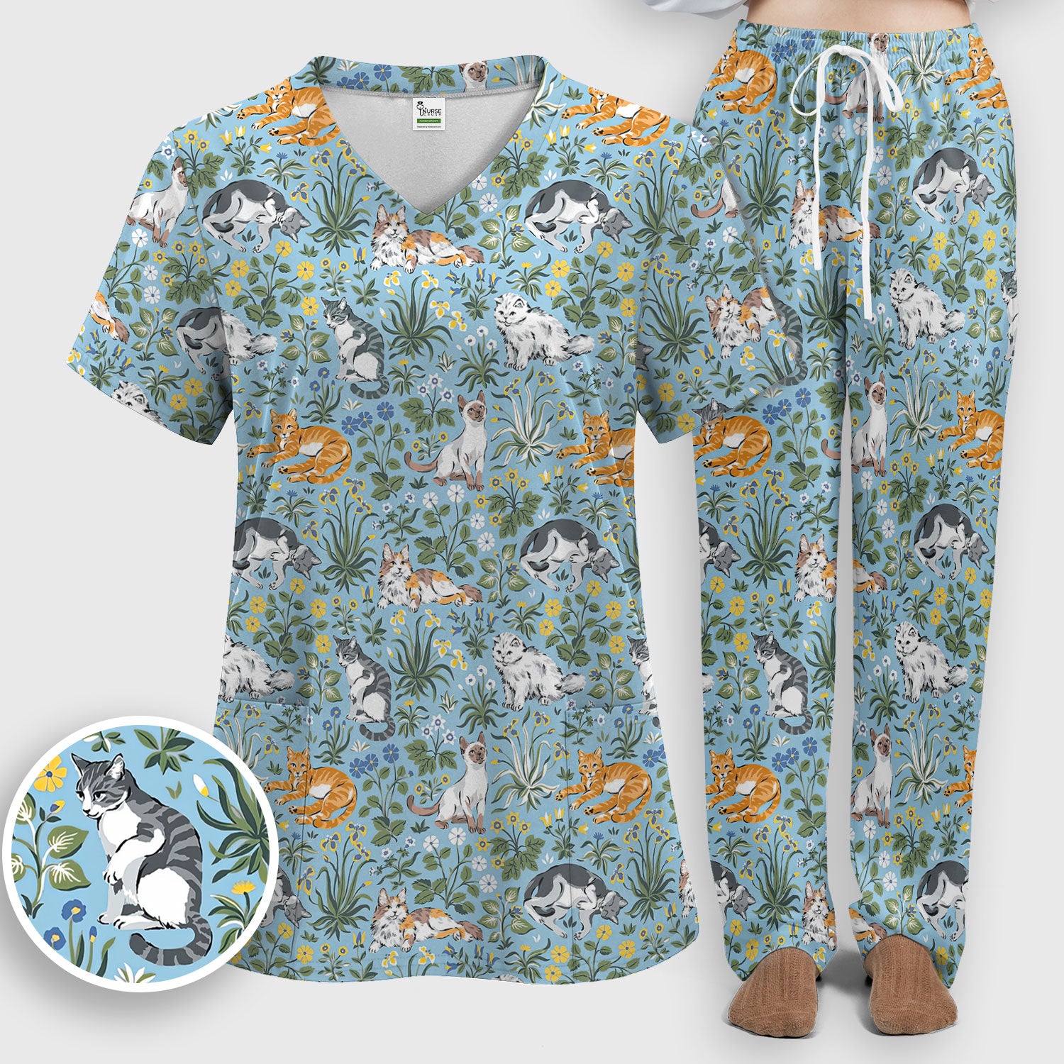 Floral Cat Garden Medical Pattern Scrub Set, Women's Scrub Sets
