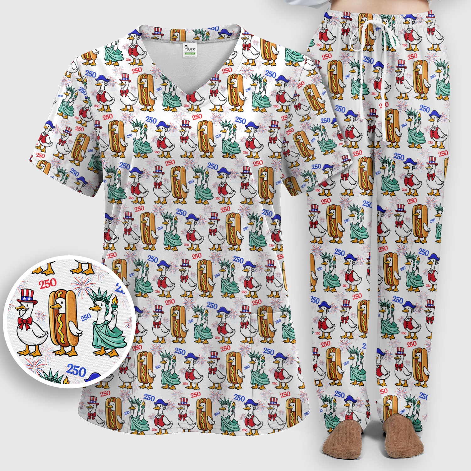 Patriotic Duck Independence Day Pattern Scrub Set, Scrub Pants and V Neck Top