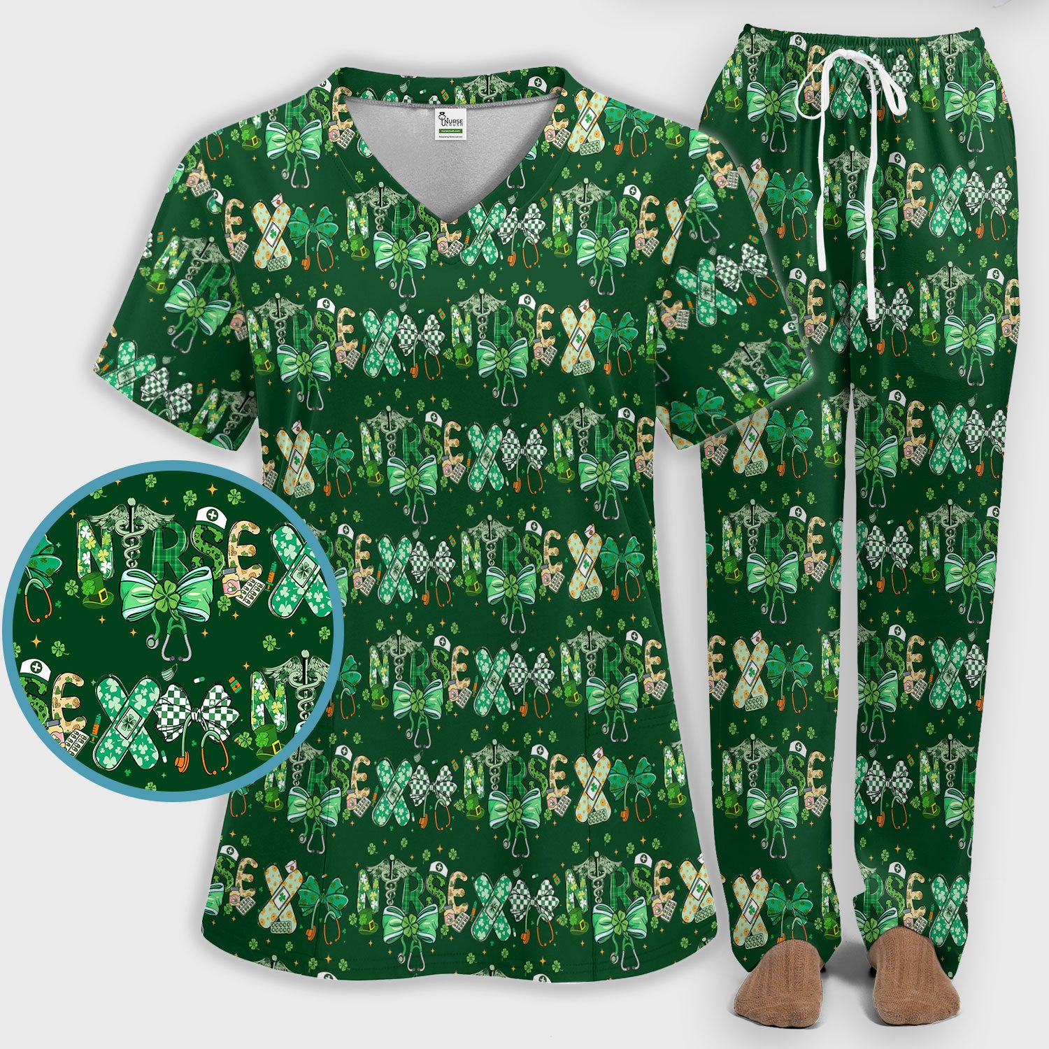 St. Patrick’s Nurse Scrub Set, Lucky Clover And Green Bow Pattern Nurse Shirt, Breathable Fabrics Nursing Uniform