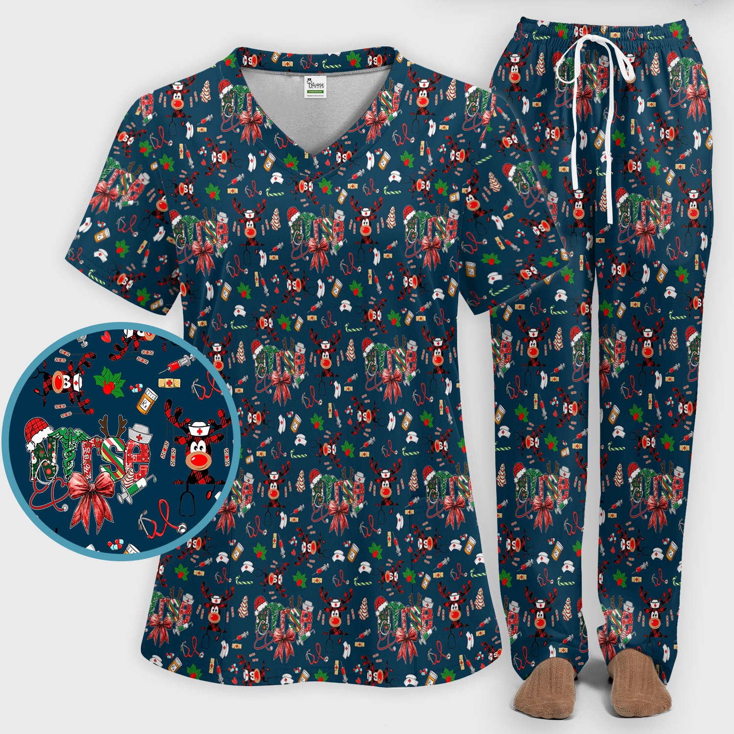 Whimsical Reindeer Christmas Scrub Set – Festive Holiday Reindeer Pattern – Cute Medical Uniform for Nurses, Vets and Healthcare Workers