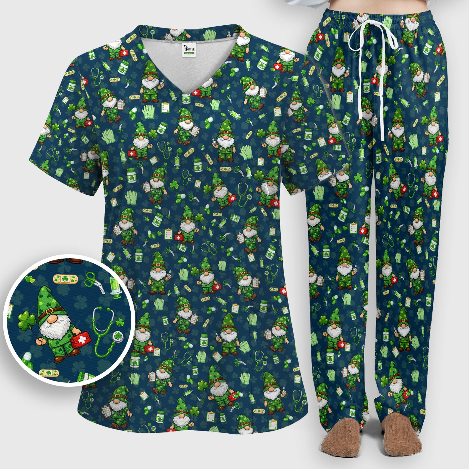 St. Patrick’s Day Nurse Gnome Scrub Set, Green Lucky Medical Pattern Nurse Shirt, Breathable Fabrics Nursing Uniform