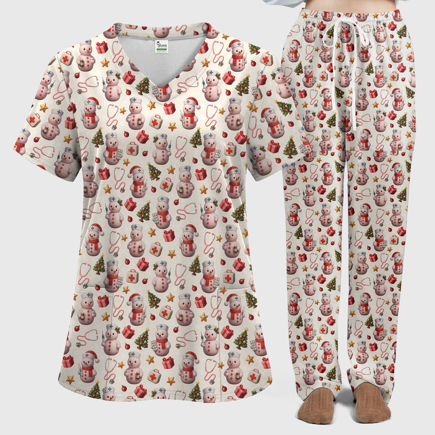 Snowman Pattern Christmas Scrub Set - Cute Holiday Medical Scrubs for Women - Funny Festive Nurse Gift for RN LPN CNA