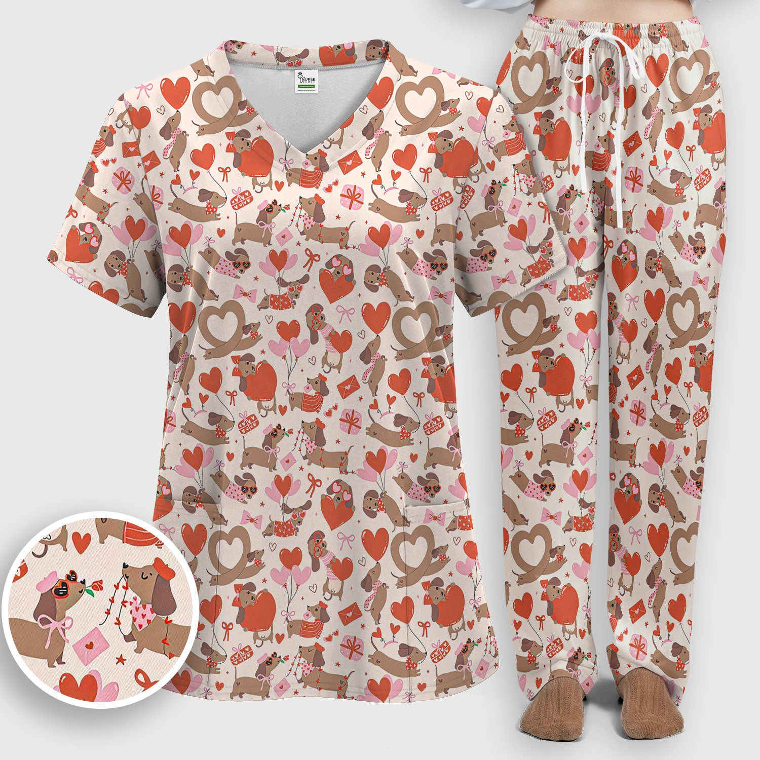 Cute Dachshund Valentine Medical Pattern Scrub Set, Scrub Pants and V Neck Top