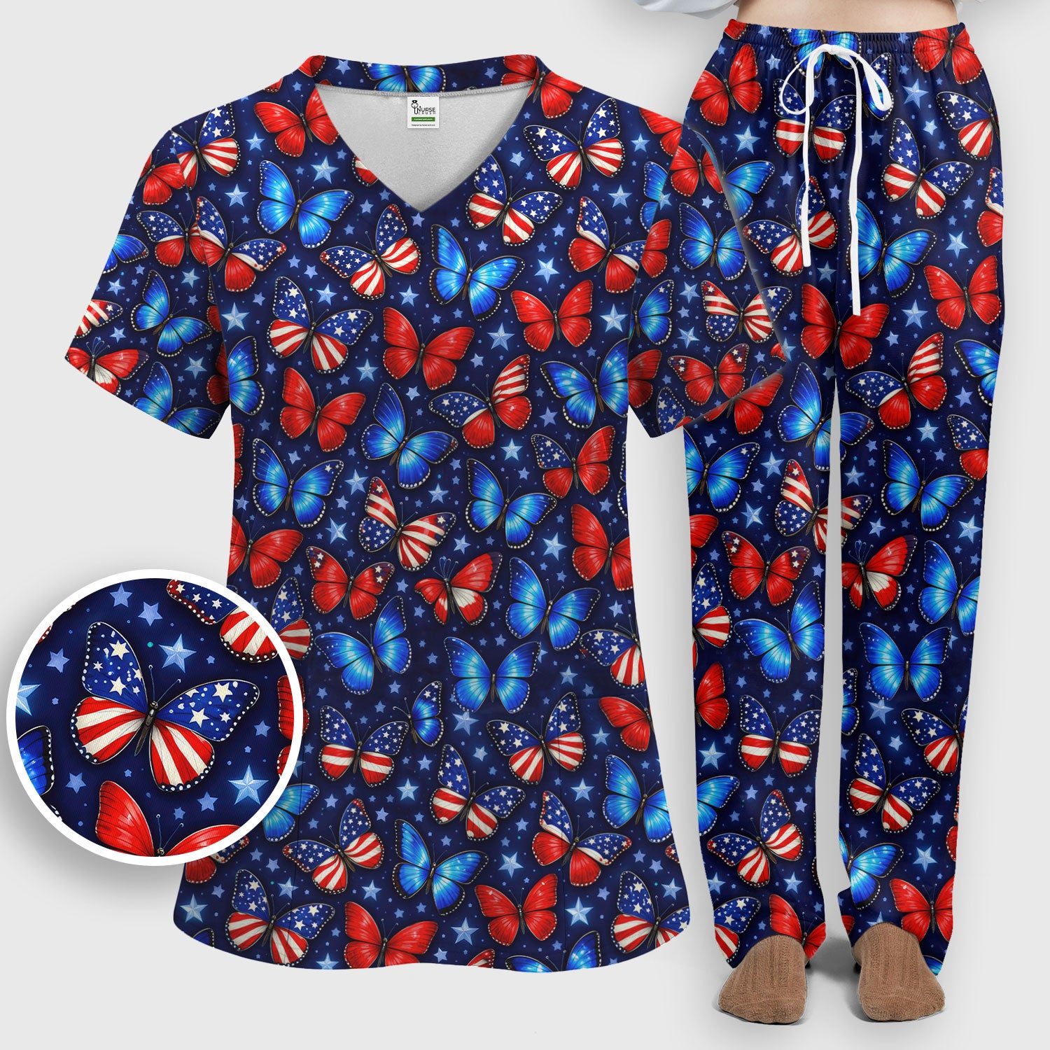 Patriotic Butterfly Stars Pattern Scrubs Sets, Scrub Pants and V Neck Top