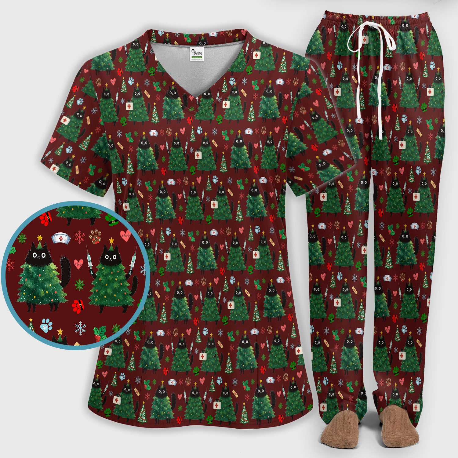 Christmas Nurse Scrub Set, Xmas Black Cat Pattern Nurse Shirt,  Breathable Fabrics Nursing Uniform