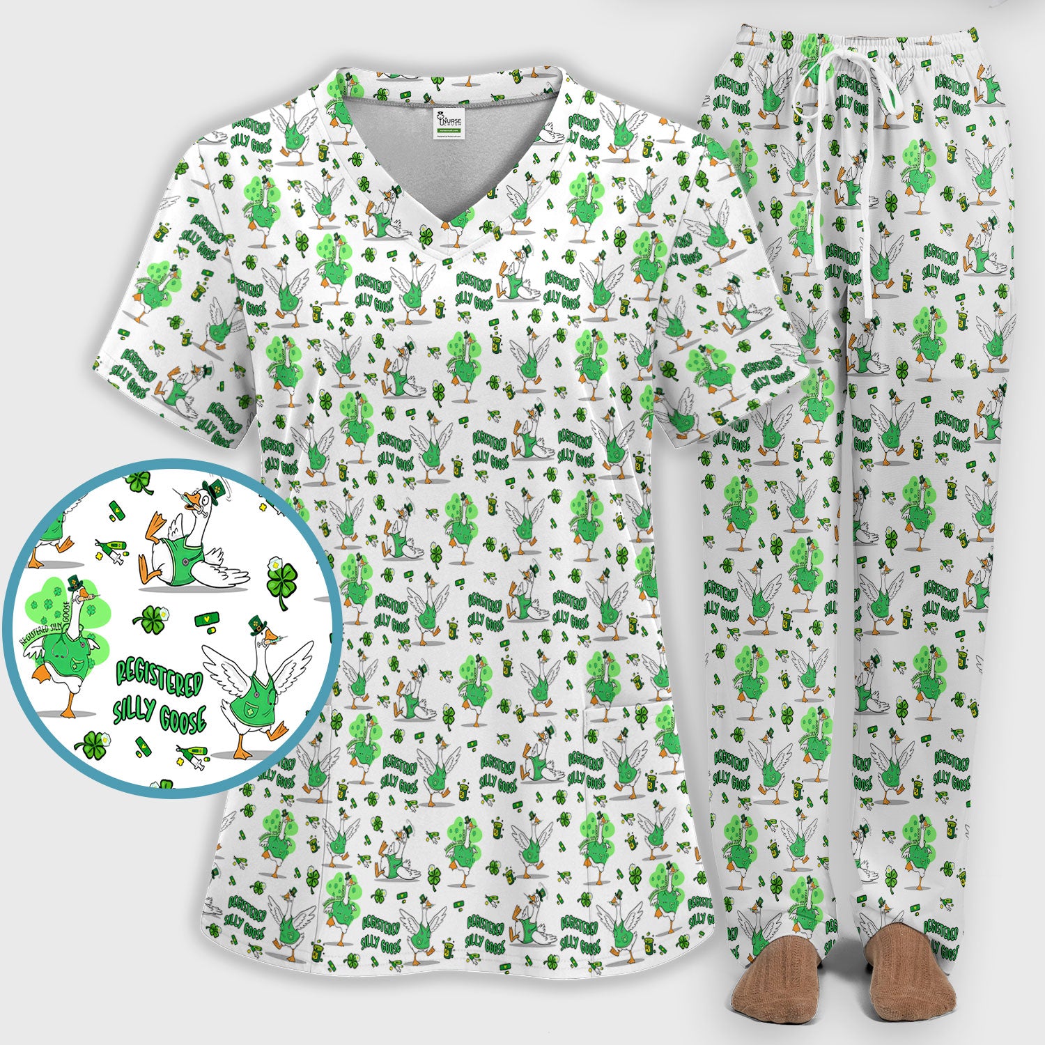 Silly Goose St. Patrick’s Day Scrub Set, Funny Goose Shamrock Pattern Nurse Scrub Shirt, Irish Green Nursing Uniform
