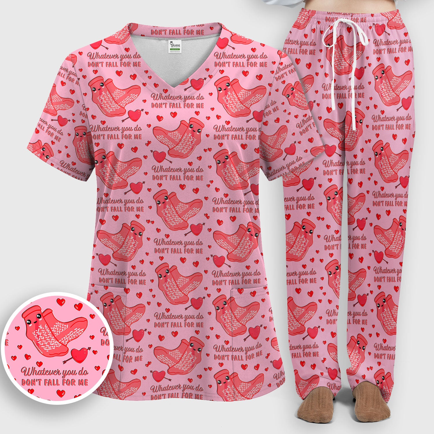 Valentine Funny Love Quote Scrub Set, Scrub Pants and V Neck Top