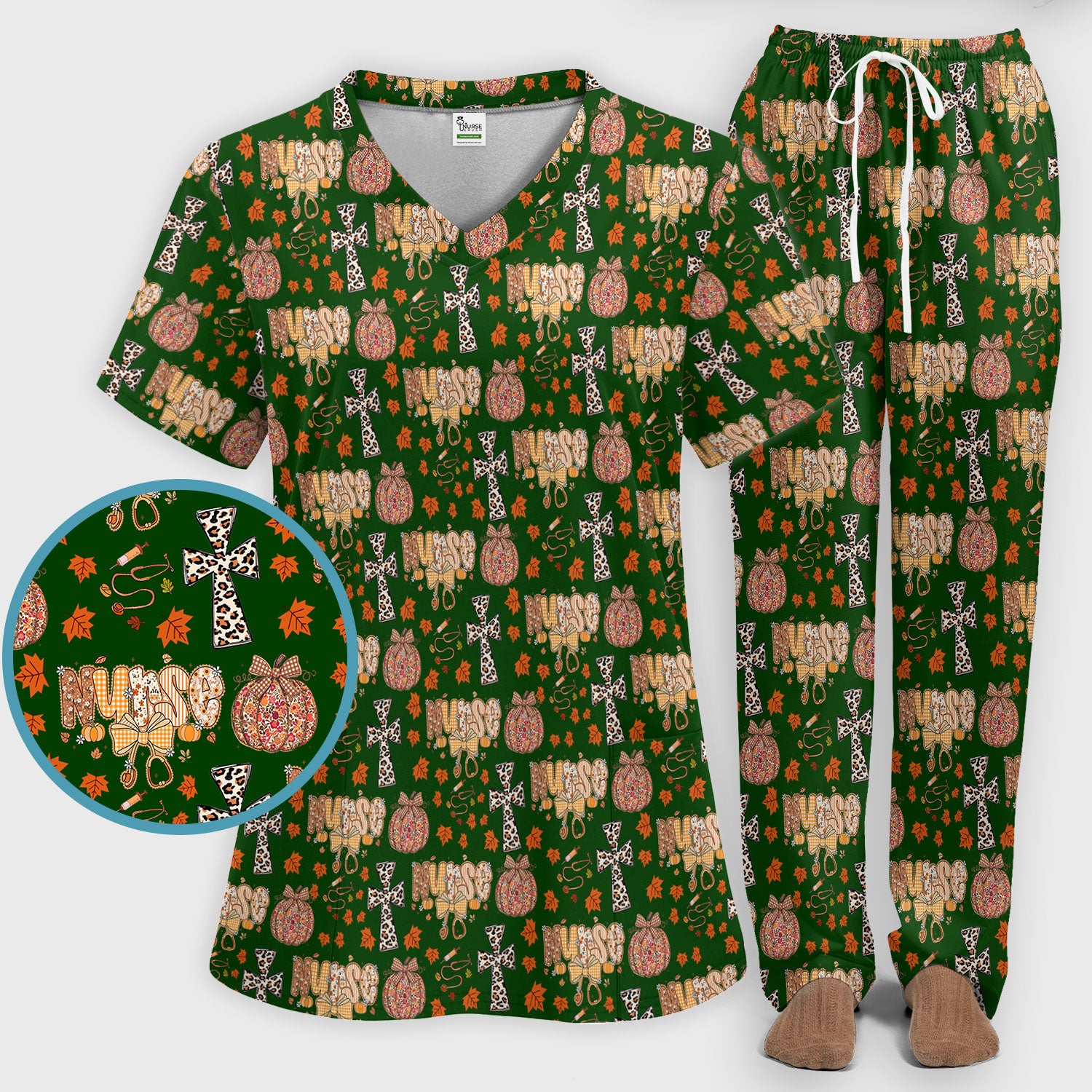 Floral Pumpkin Scrub Set for Women - Coquette Bow Thanksgiving Scrubs Pants and V Neck Top - Comfortable Medical Uniform