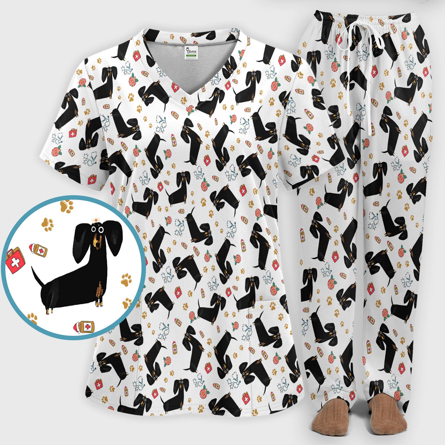 Funny Wiener Dog Scrub Sets for Nurses - Cute Black Dachshund Pants and V Neck Top - Dog Lover Nursing Uniform Gift for Women