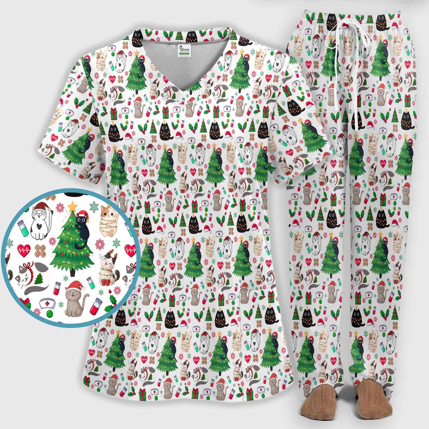 Christmas Cat Scrub Set, Xmas Pet Pattern Scrub Shirt, Breathable Fabrics Nursing Uniform