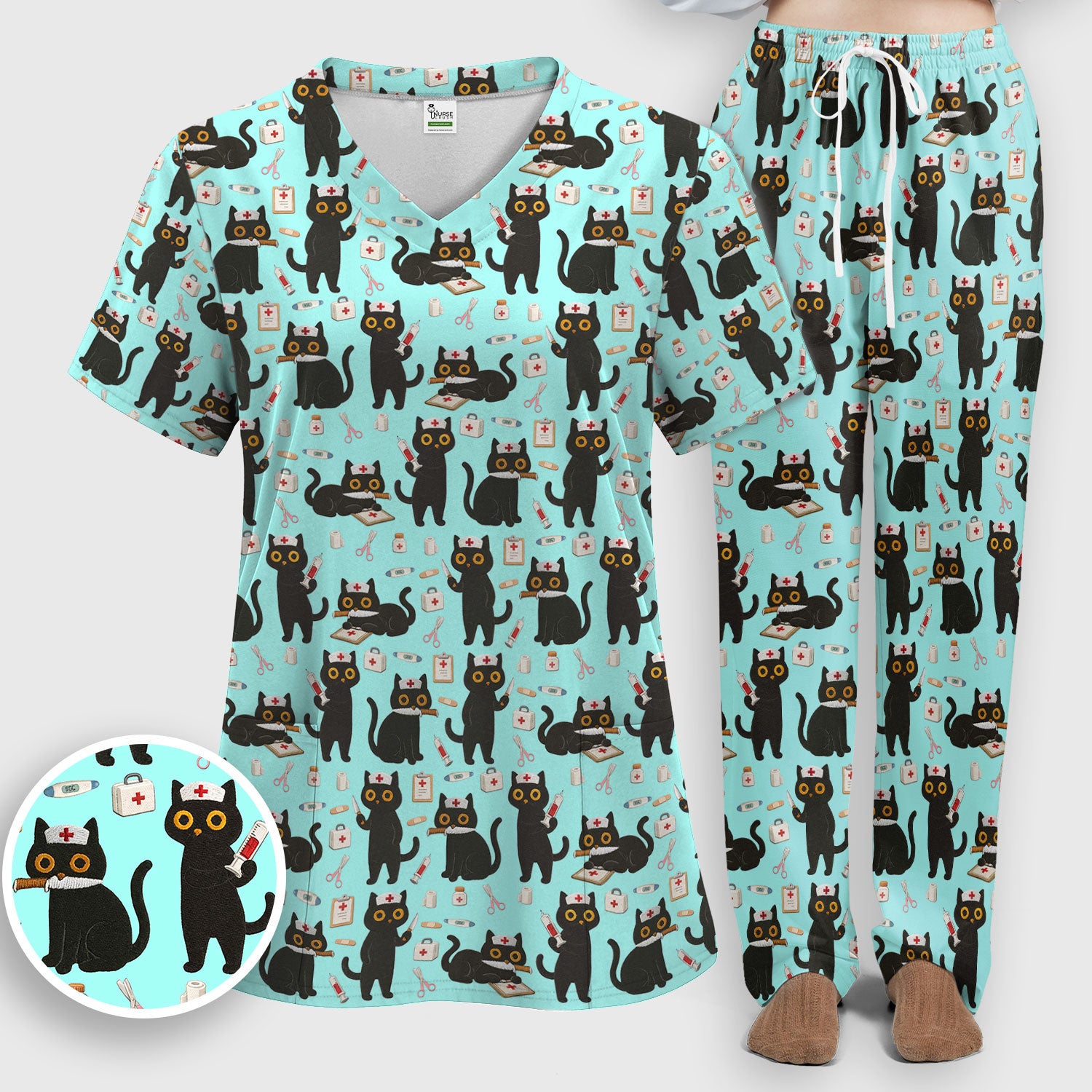 Cute Black Cat Nurse Pattern Women's Scrub Set, Breathable Med Uniform