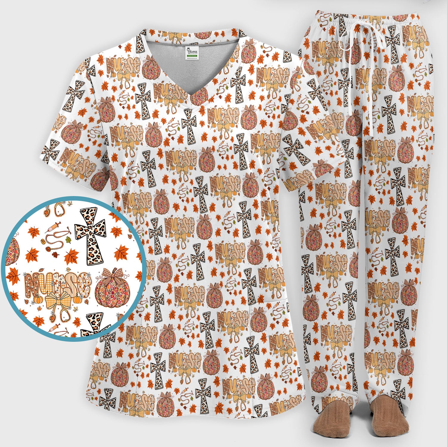 Floral Pumpkin Scrub Set for Women - Coquette Bow Thanksgiving Scrubs Pants and V Neck Top - Comfortable Medical Uniform