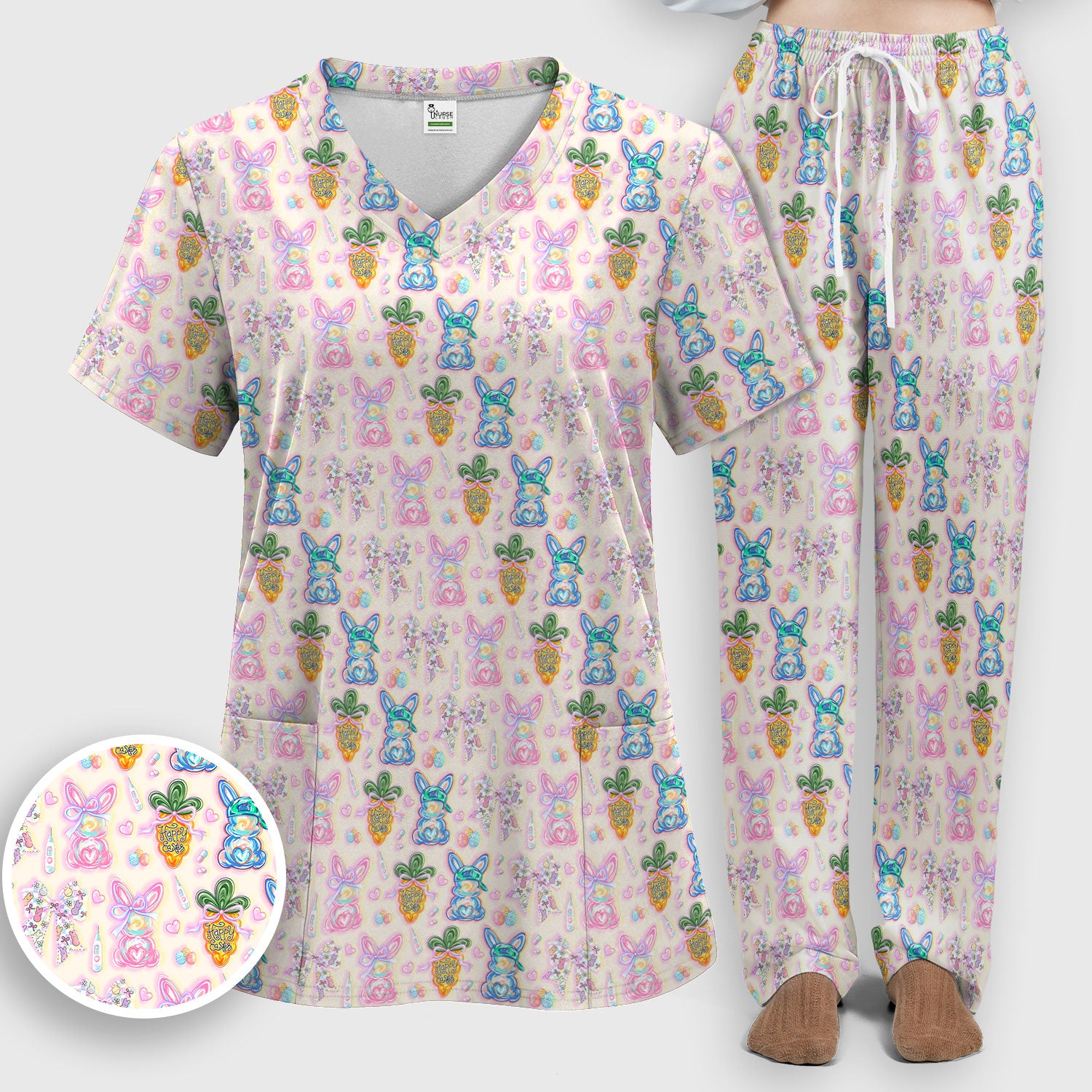 Easter Bunny Carrot Bow Floral Print Scrub Set, Breathable Med Uniform