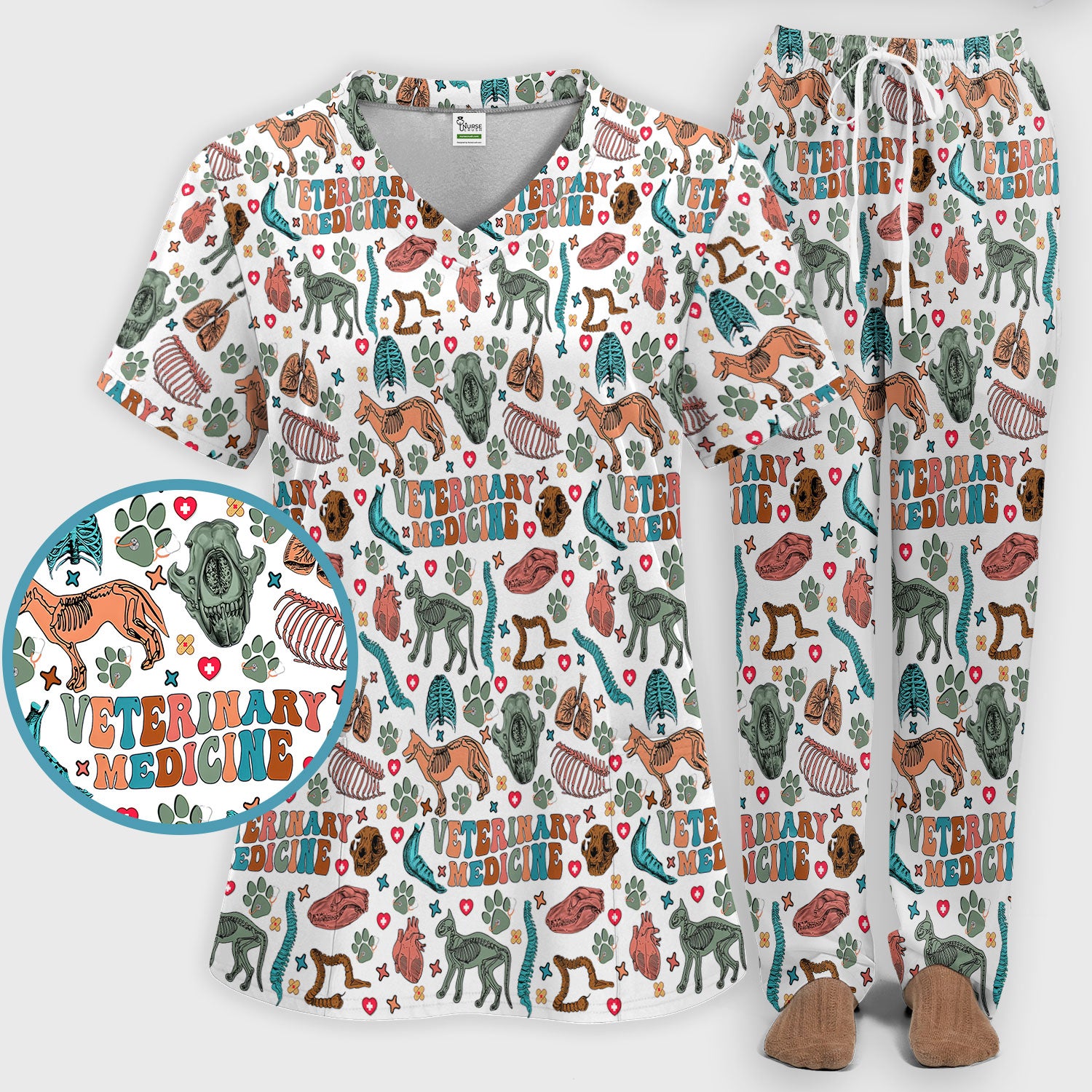 Veterinary Medicine Scrub Set - Cute Animal Anatomy Scrubs Pants and V Neck Top - Fun Vet Tech Nurse Uniform for Women