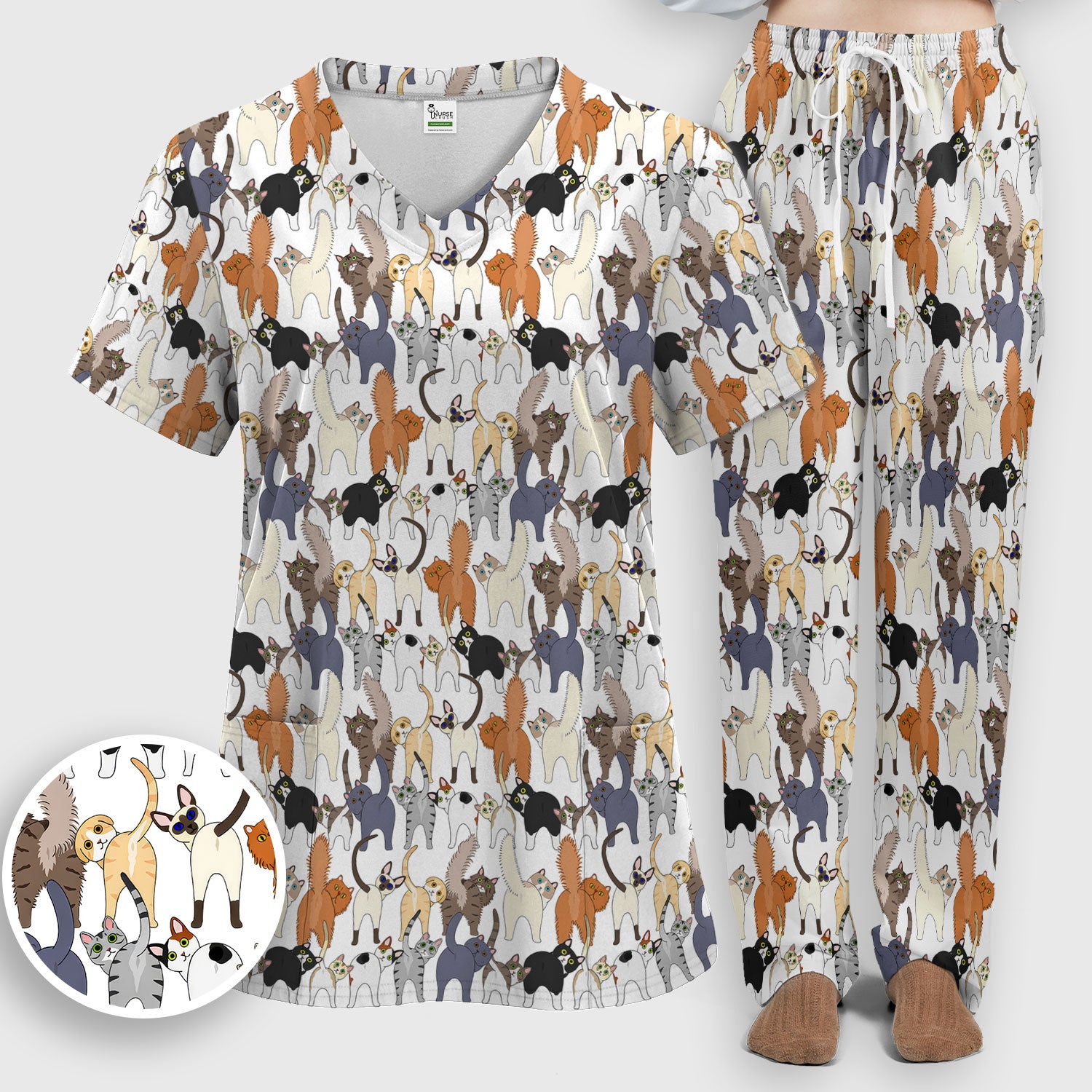 Whimsical Multicolor Cat Cartoon Pattern Scrub Set, Breathable Med Uniform