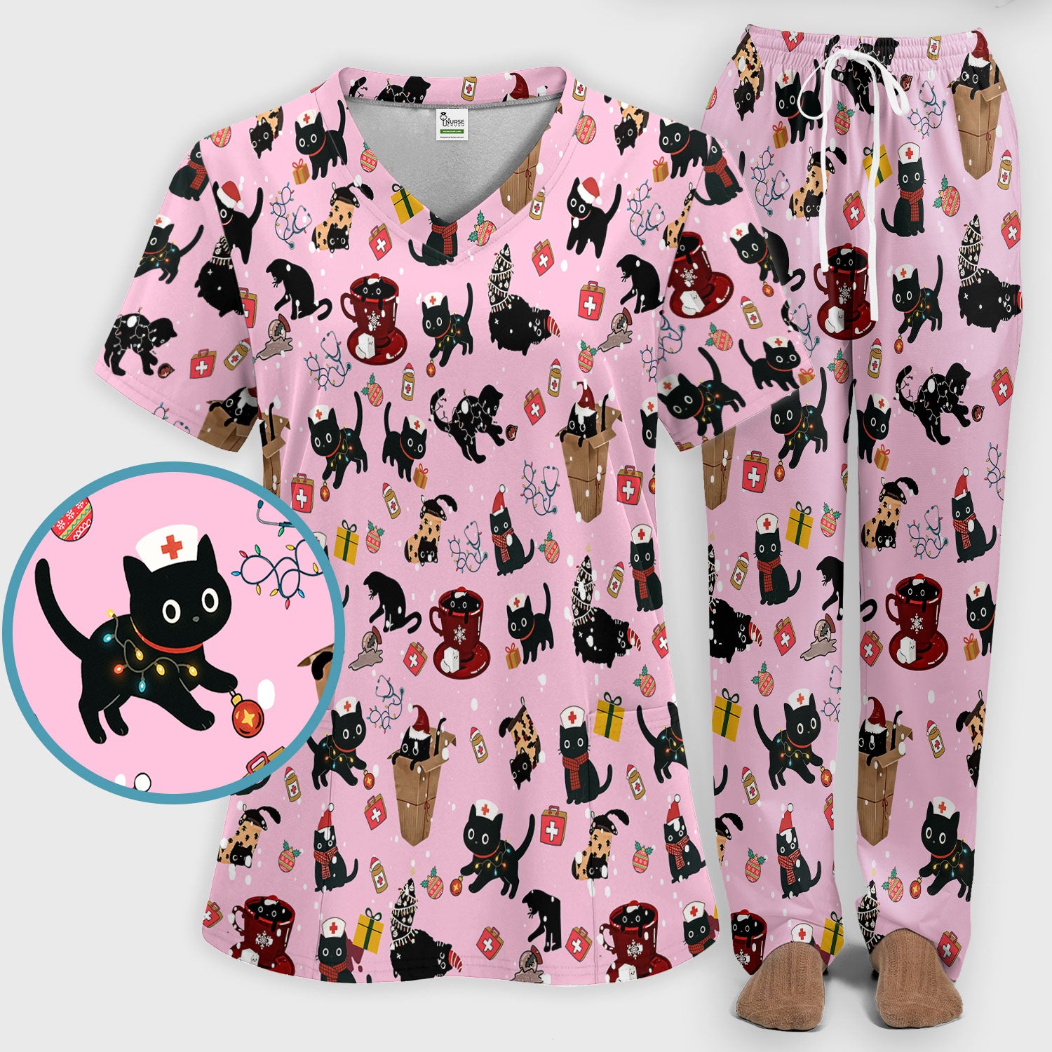 Funny Cat Scrub Sets for Women - Christmas Black Cats Pants and V Neck Top - Breathable Fabrics Nursing Uniform